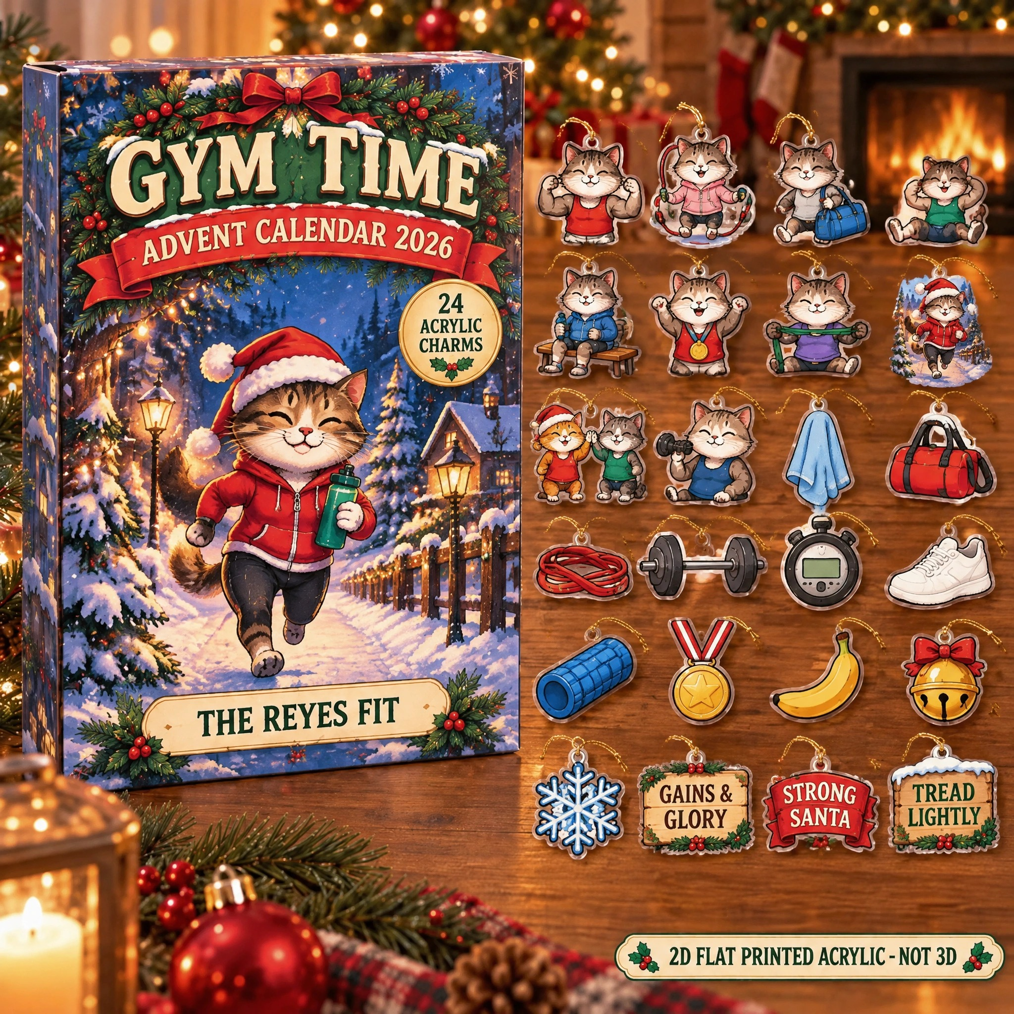 Personalized Gym Lover Cat advent calendar box with 24 flat acrylic Christmas charms