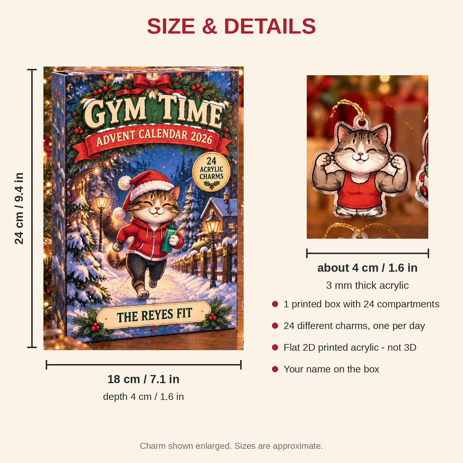 Personalized Gym Lover Cat advent calendar box with 24 flat acrylic Christmas charms: box and charm sizes