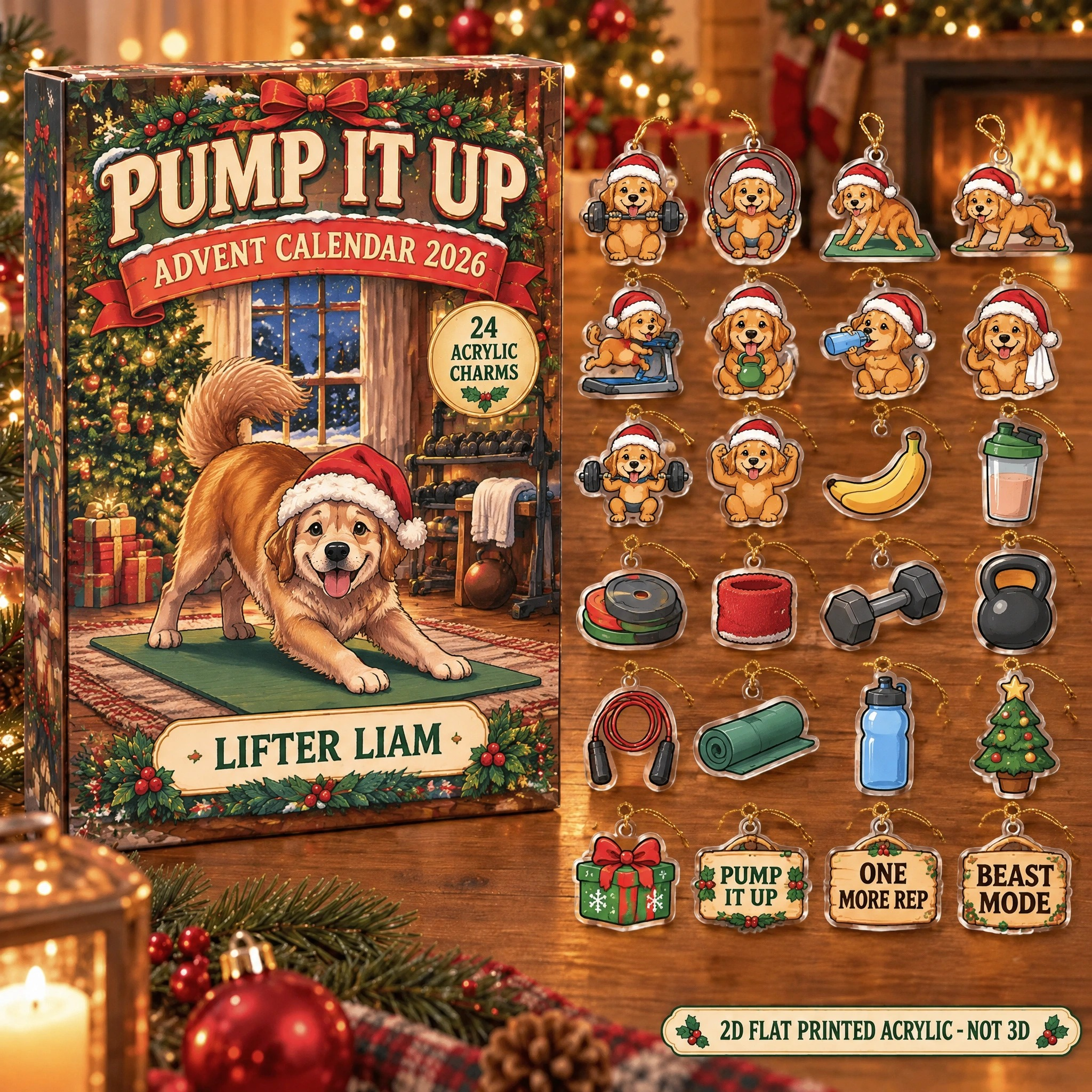 Personalized Gym Lover Dog advent calendar box with 24 flat acrylic Christmas charms