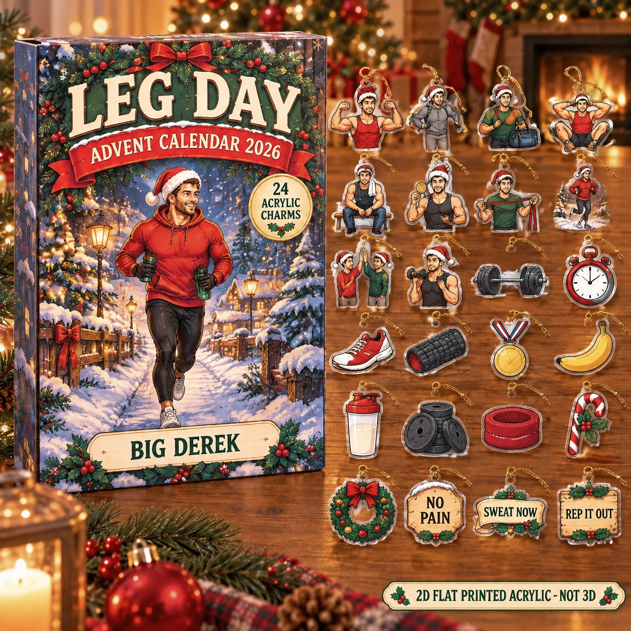 Personalized Gym Lover Essentials advent calendar box with 24 flat acrylic Christmas charms
