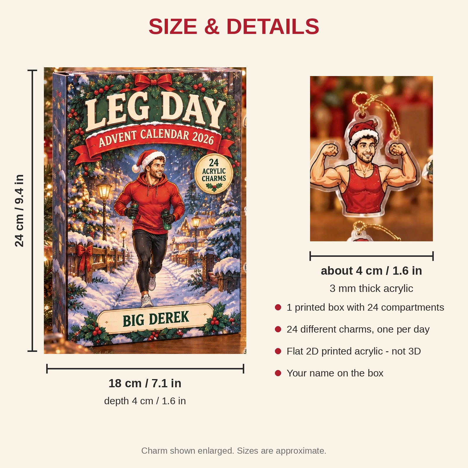 Personalized Gym Lover Essentials advent calendar box with 24 flat acrylic Christmas charms: box and charm sizes