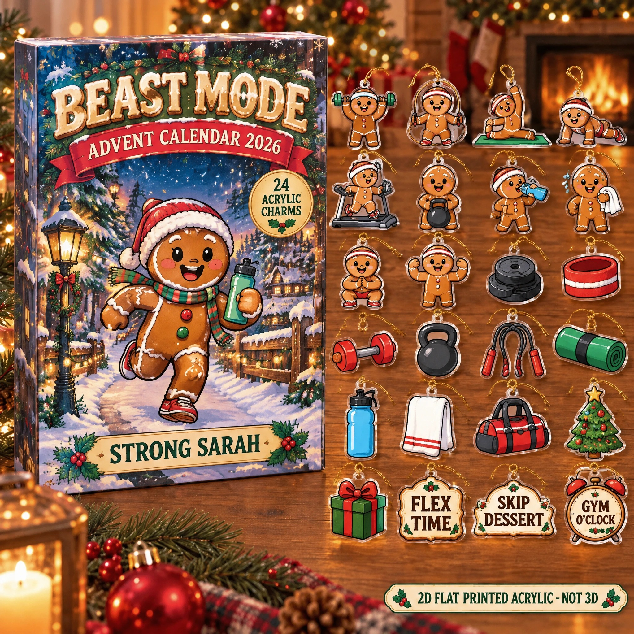 Personalized Gym Lover Gingerbread advent calendar box with 24 flat acrylic Christmas charms