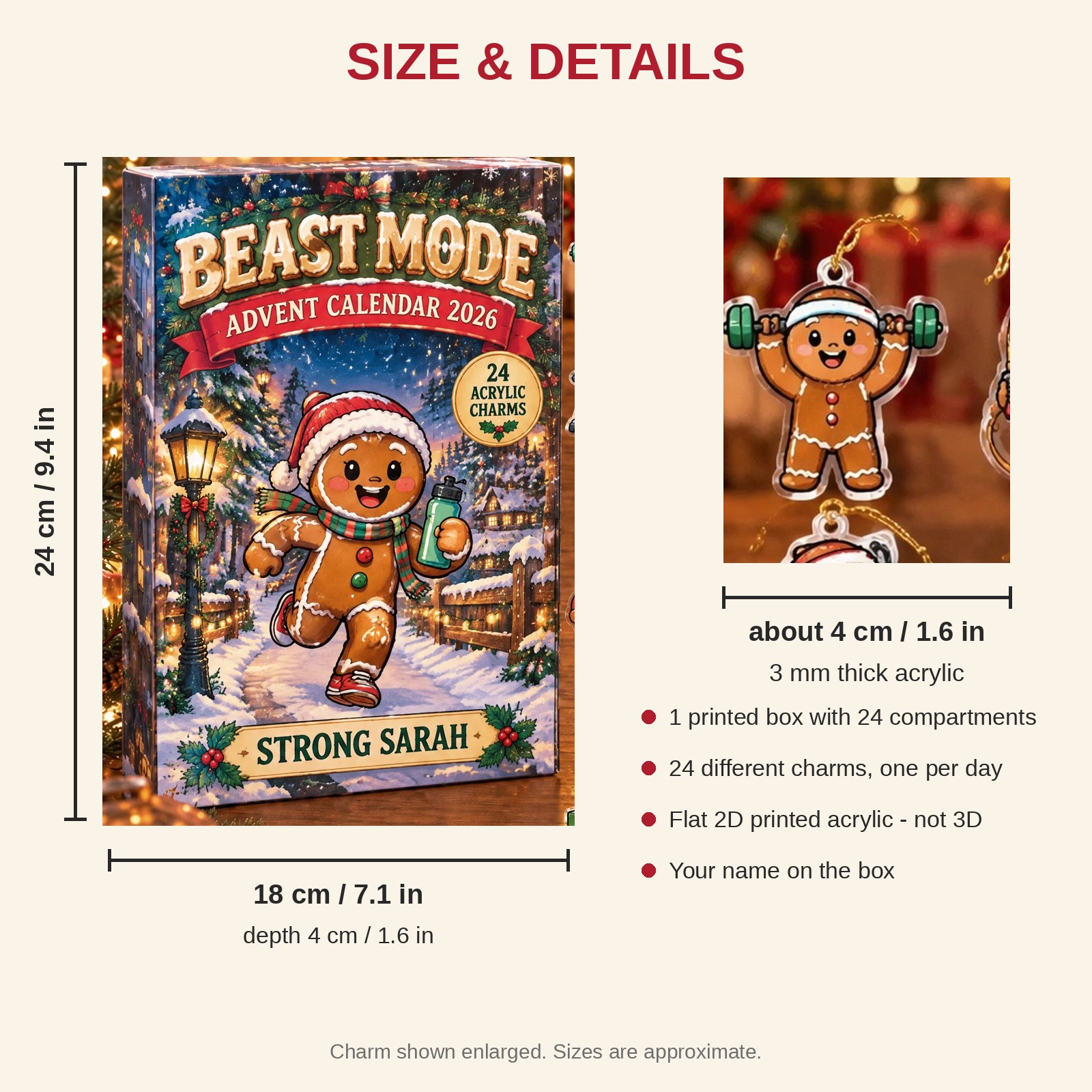 Personalized Gym Lover Gingerbread advent calendar box with 24 flat acrylic Christmas charms: box and charm sizes