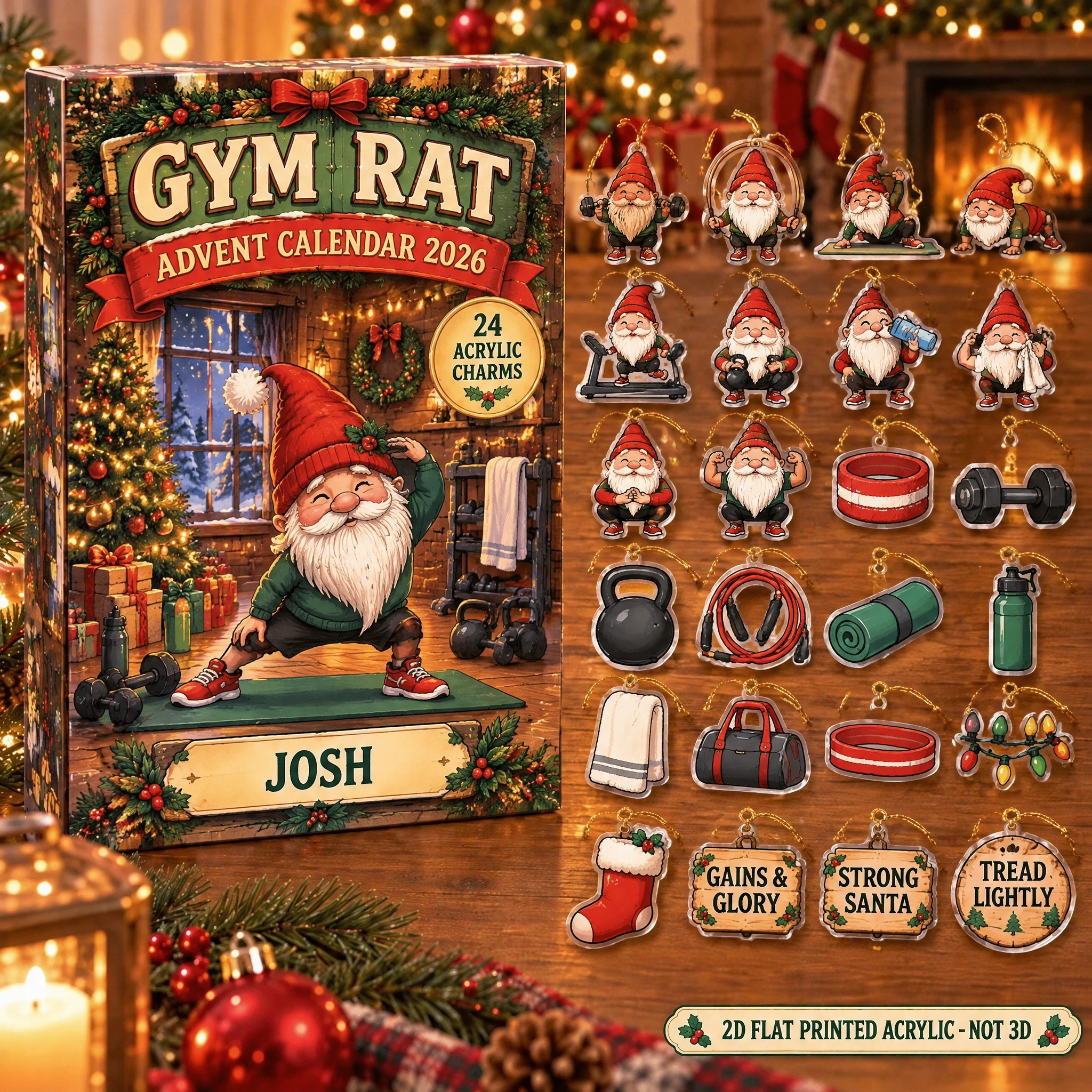 Personalized Gym Lover Gnome advent calendar box with 24 flat acrylic Christmas charms