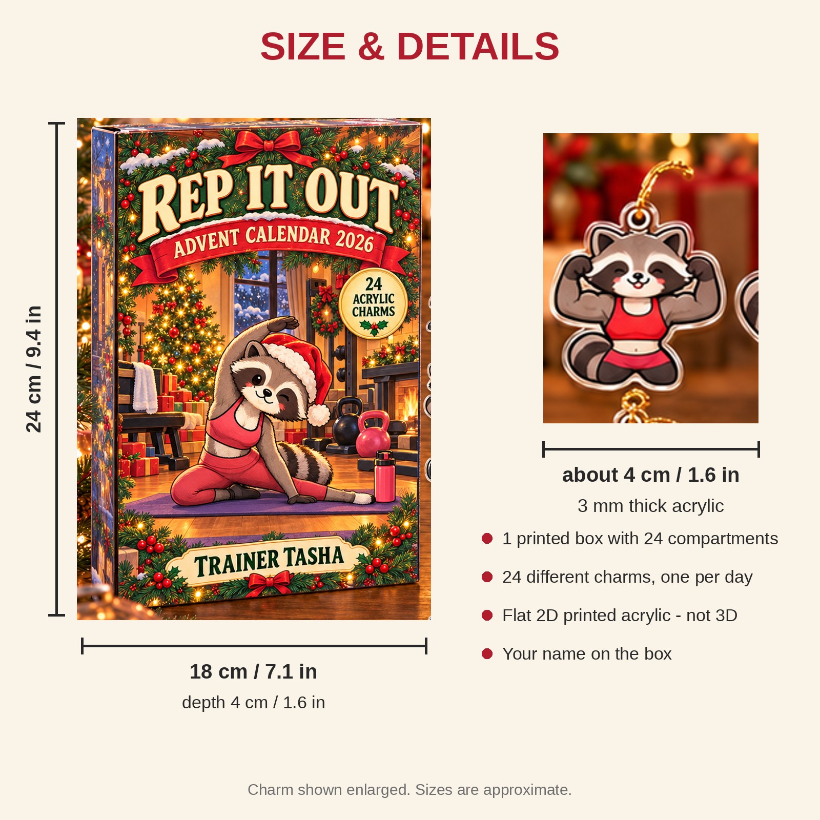 Personalized Gym Lover Raccoon advent calendar box with 24 flat acrylic Christmas charms: box and charm sizes
