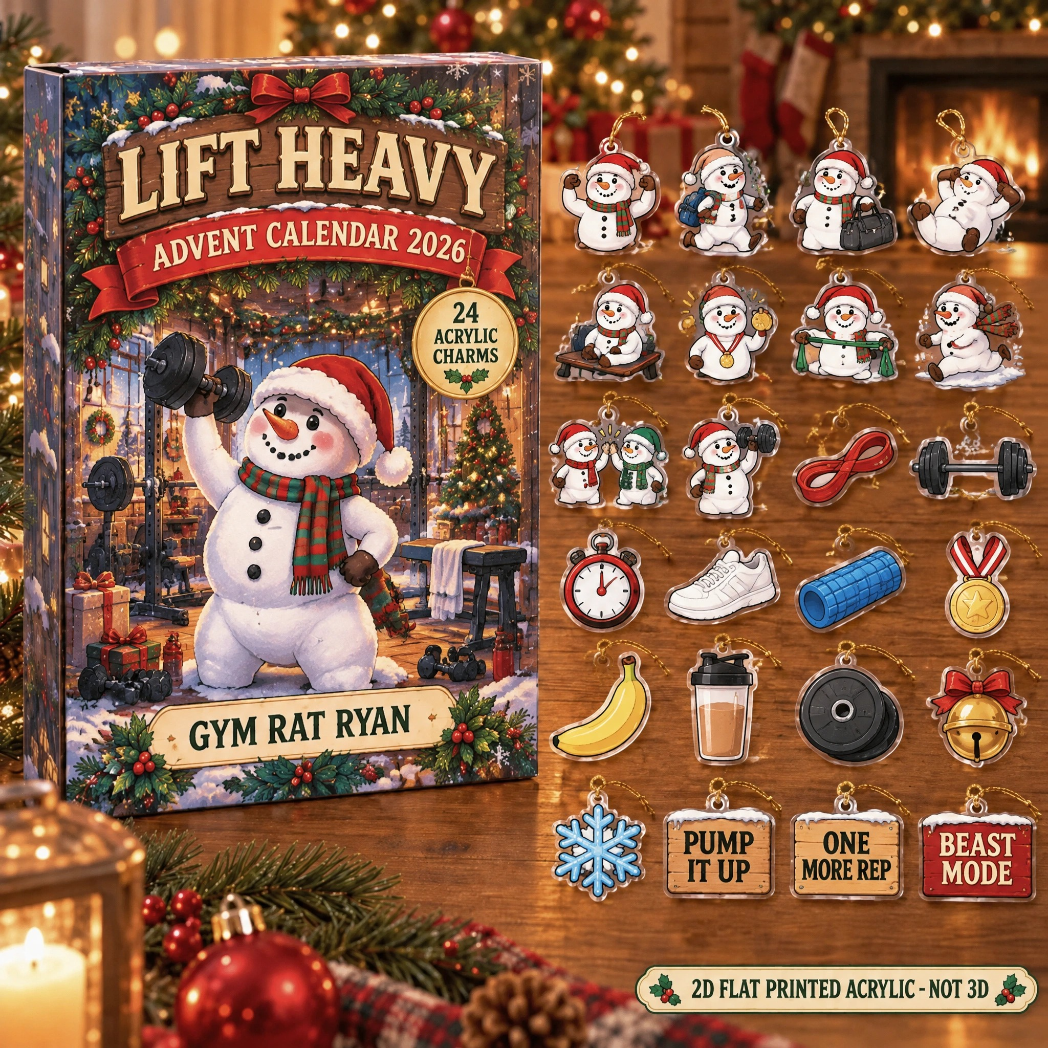 Personalized Gym Lover Snowman advent calendar box with 24 flat acrylic Christmas charms