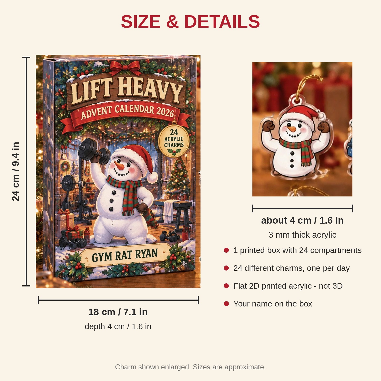 Personalized Gym Lover Snowman advent calendar box with 24 flat acrylic Christmas charms: box and charm sizes