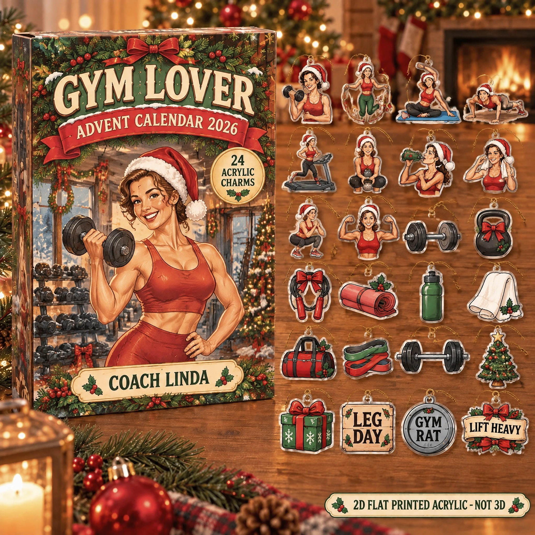 Personalized Vintage Retro Gym Lover advent calendar box with 24 flat acrylic Christmas charms