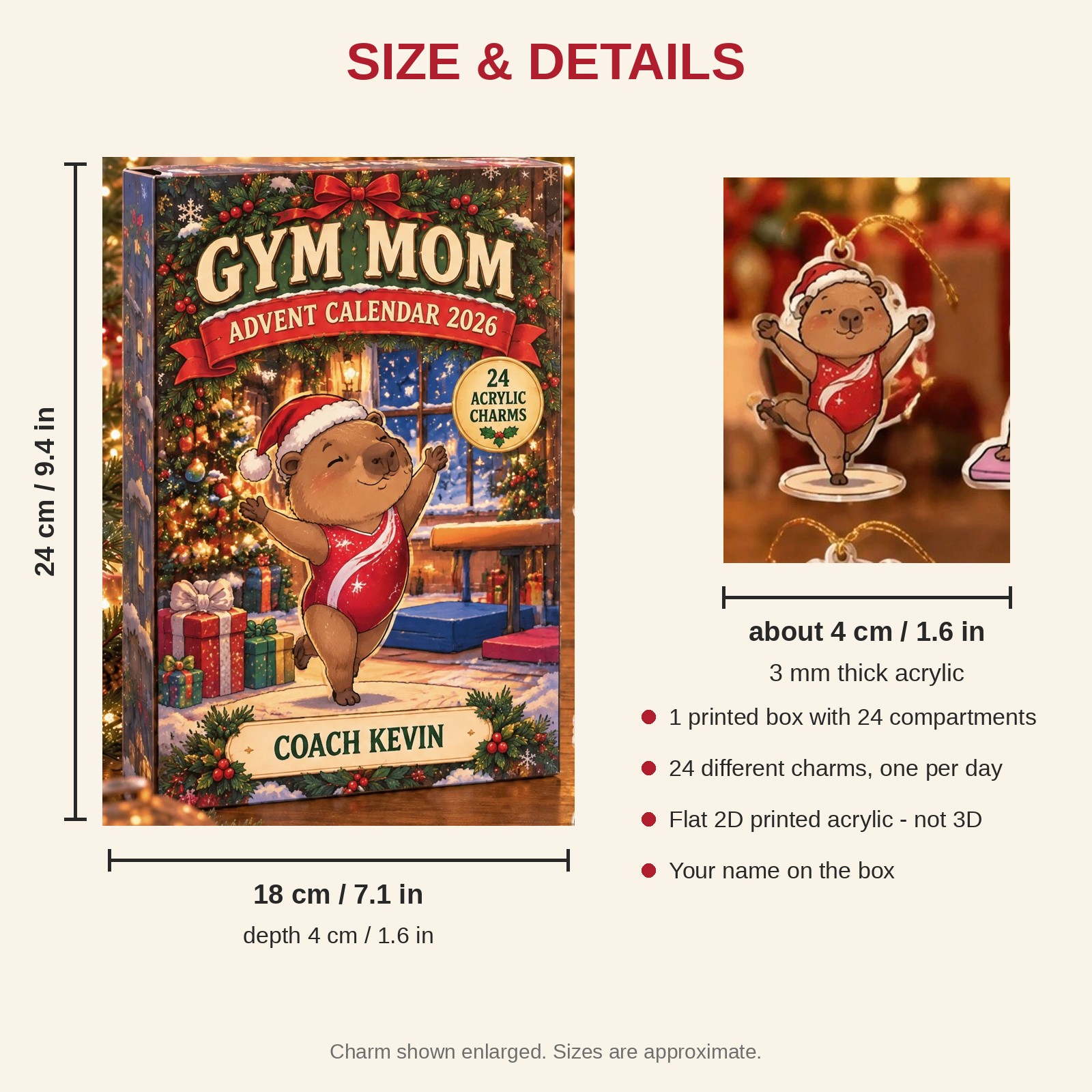 Personalized Gymnastics Capybara advent calendar box with 24 flat acrylic Christmas charms: box and charm sizes