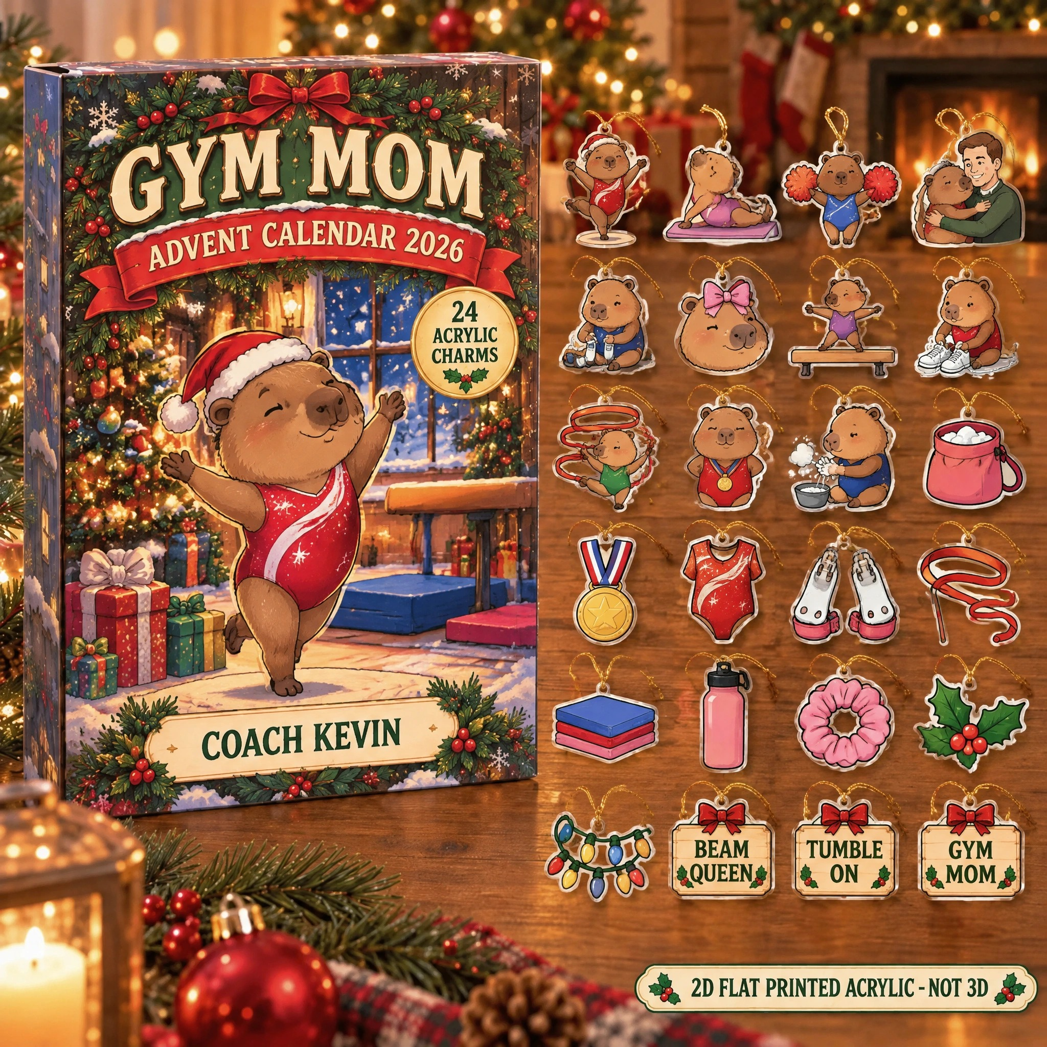 Personalized Gymnastics Capybara advent calendar box with 24 flat acrylic Christmas charms