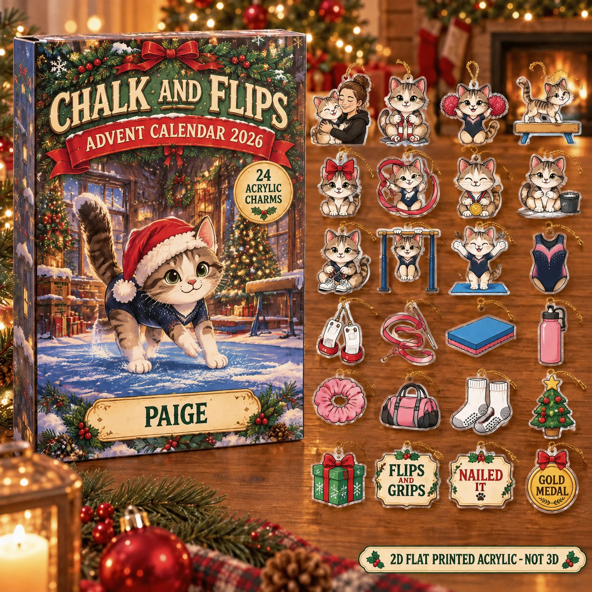 Personalized Gymnastics Cat advent calendar box with 24 flat acrylic Christmas charms