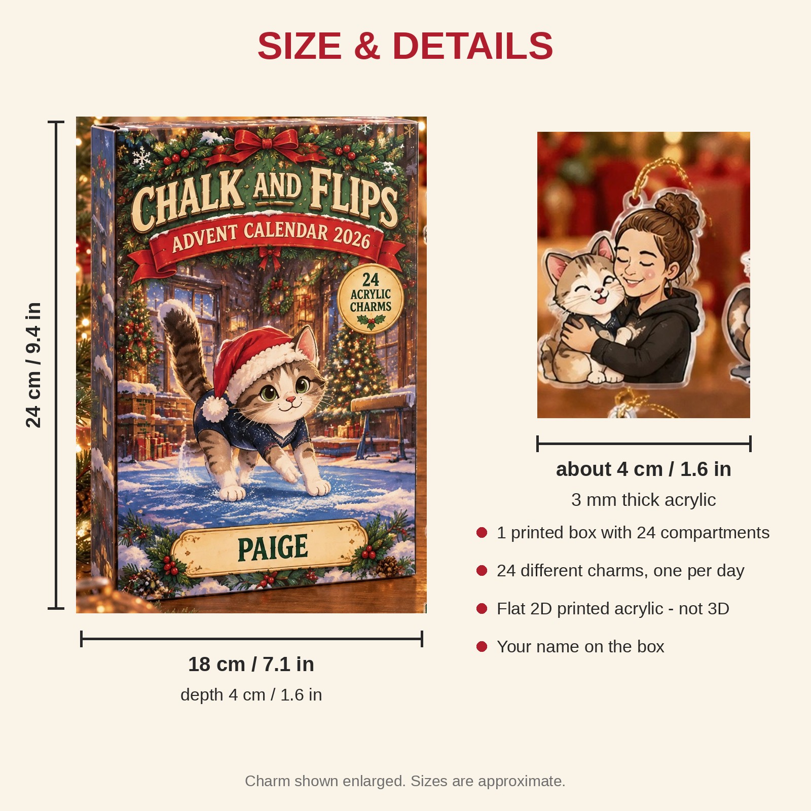Personalized Gymnastics Cat advent calendar box with 24 flat acrylic Christmas charms: box and charm sizes