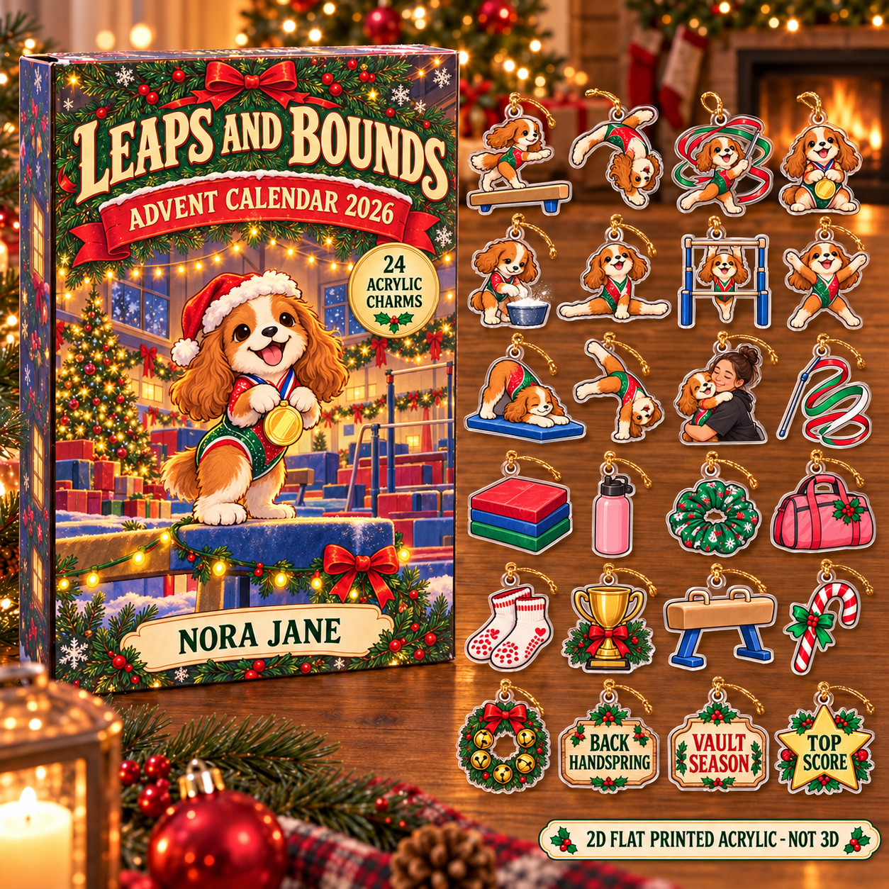 Personalized Gymnastics Dog advent calendar box with 24 flat acrylic Christmas charms