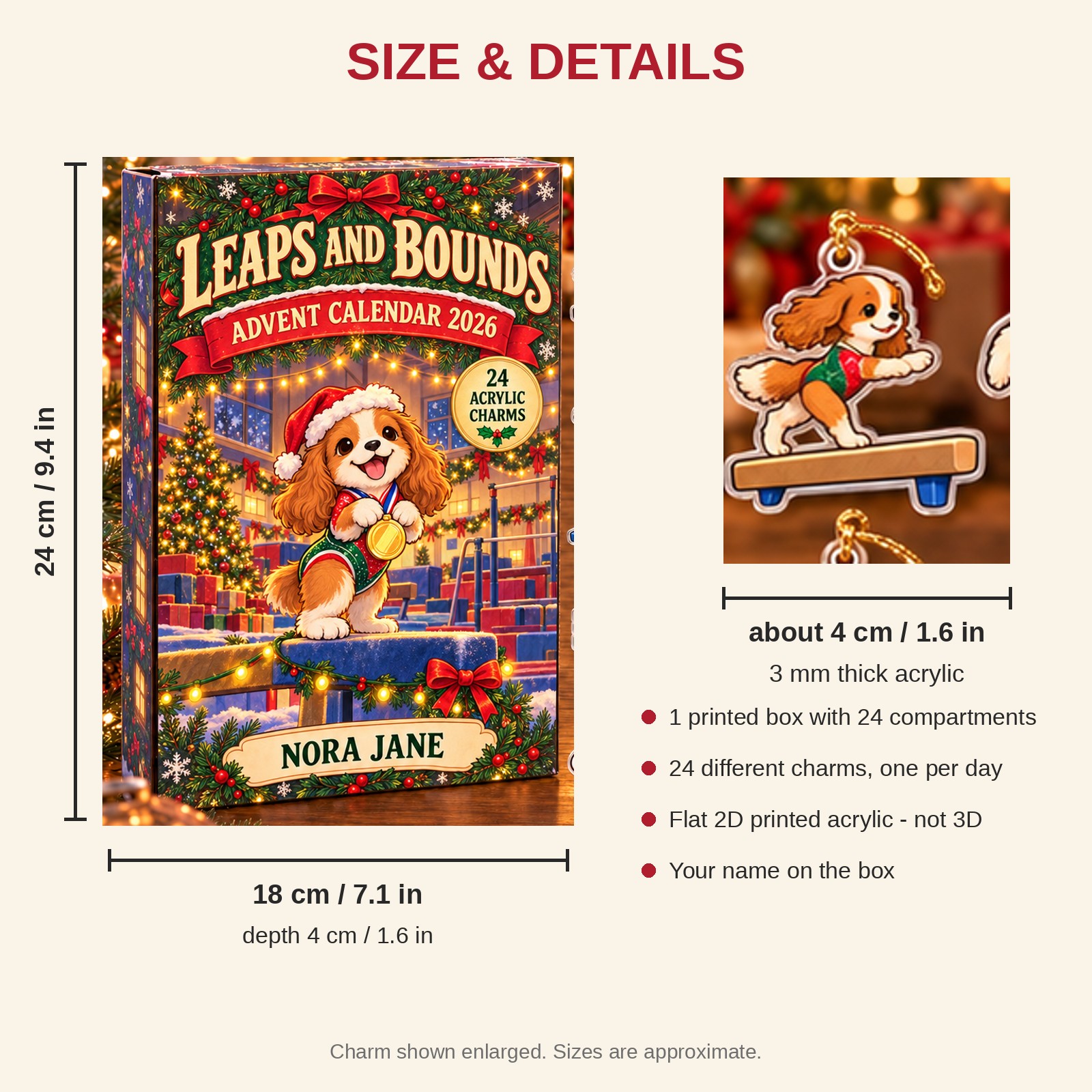 Personalized Gymnastics Dog advent calendar box with 24 flat acrylic Christmas charms: box and charm sizes