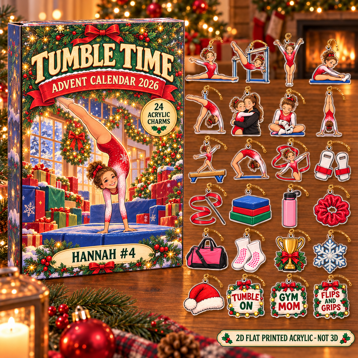 Personalized Gymnastics Essentials advent calendar box with 24 flat acrylic Christmas charms