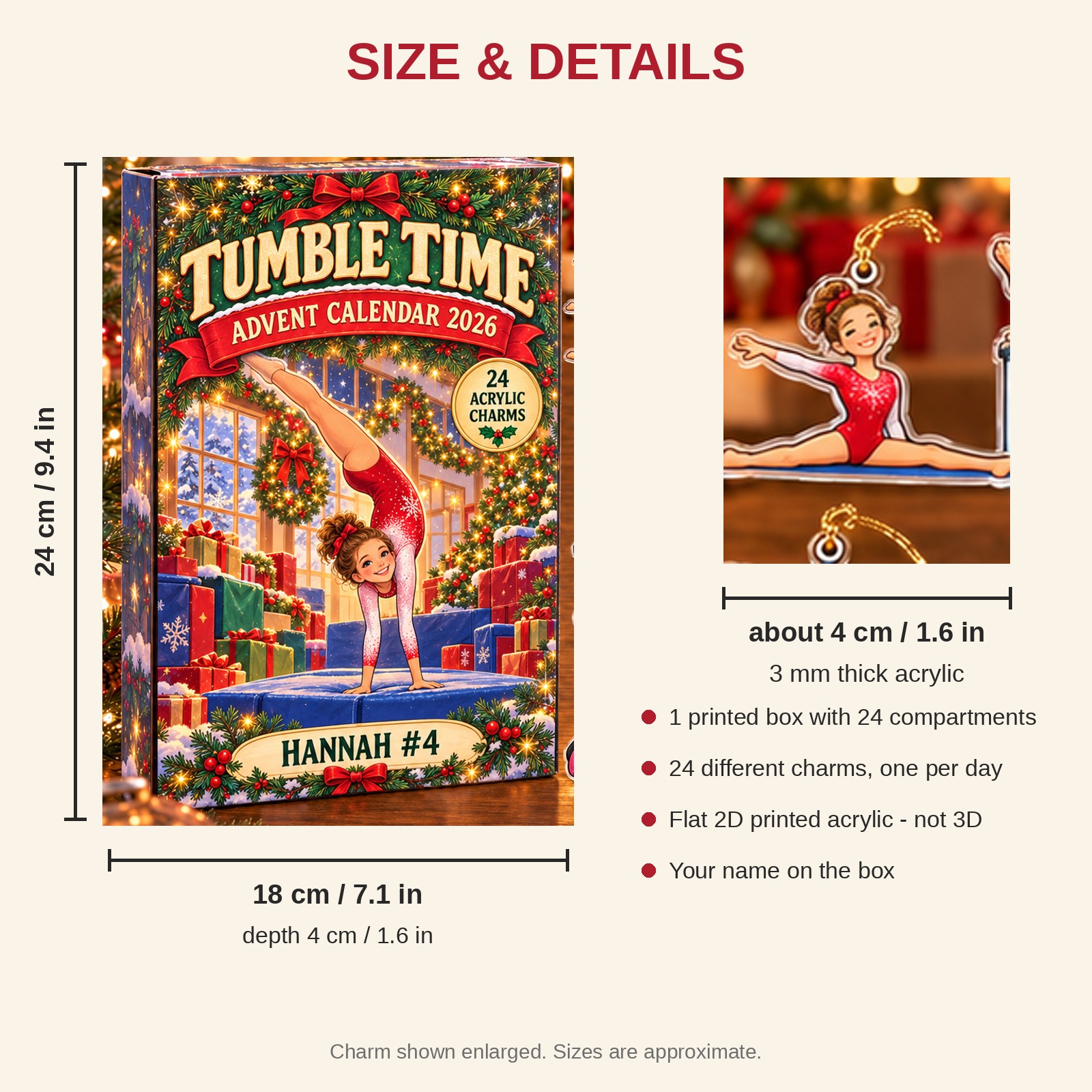 Personalized Gymnastics Essentials advent calendar box with 24 flat acrylic Christmas charms: box and charm sizes