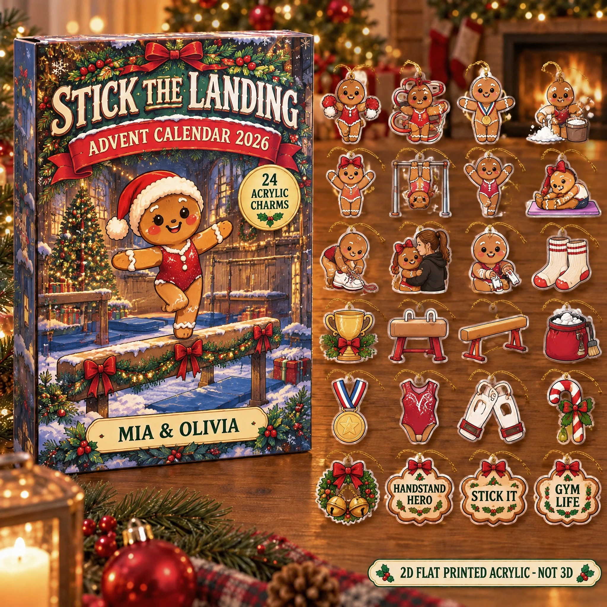 Personalized Gymnastics Gingerbread advent calendar box with 24 flat acrylic Christmas charms