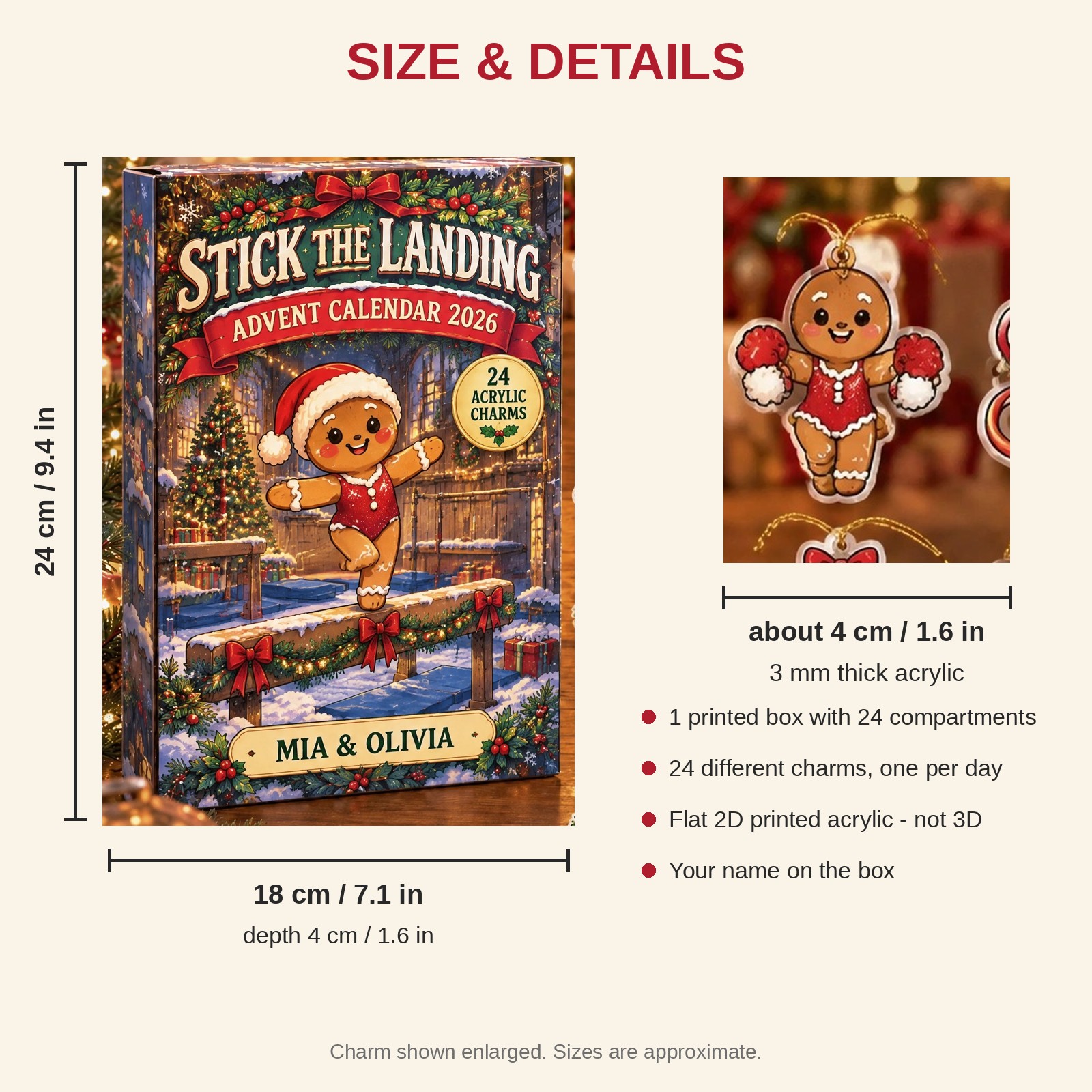 Personalized Gymnastics Gingerbread advent calendar box with 24 flat acrylic Christmas charms: box and charm sizes