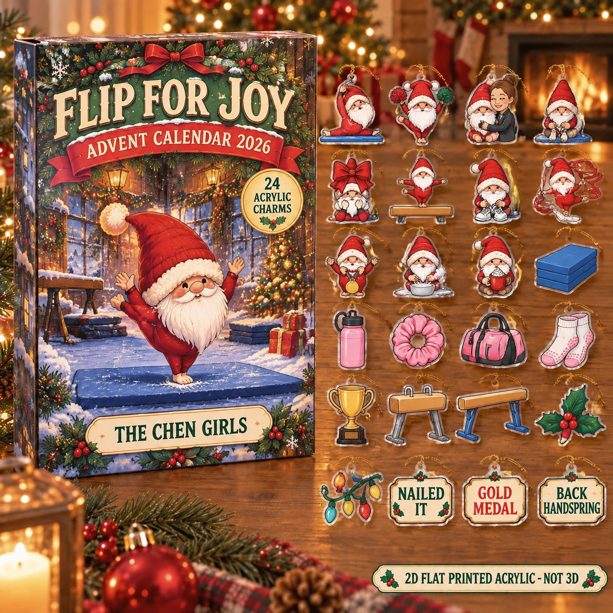 Personalized Gymnastics Gnome advent calendar box with 24 flat acrylic Christmas charms