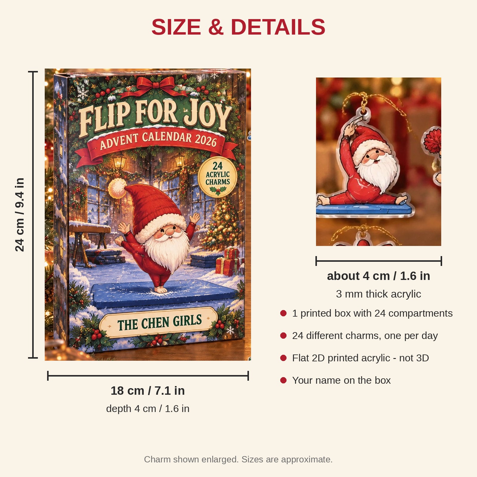 Personalized Gymnastics Gnome advent calendar box with 24 flat acrylic Christmas charms: box and charm sizes