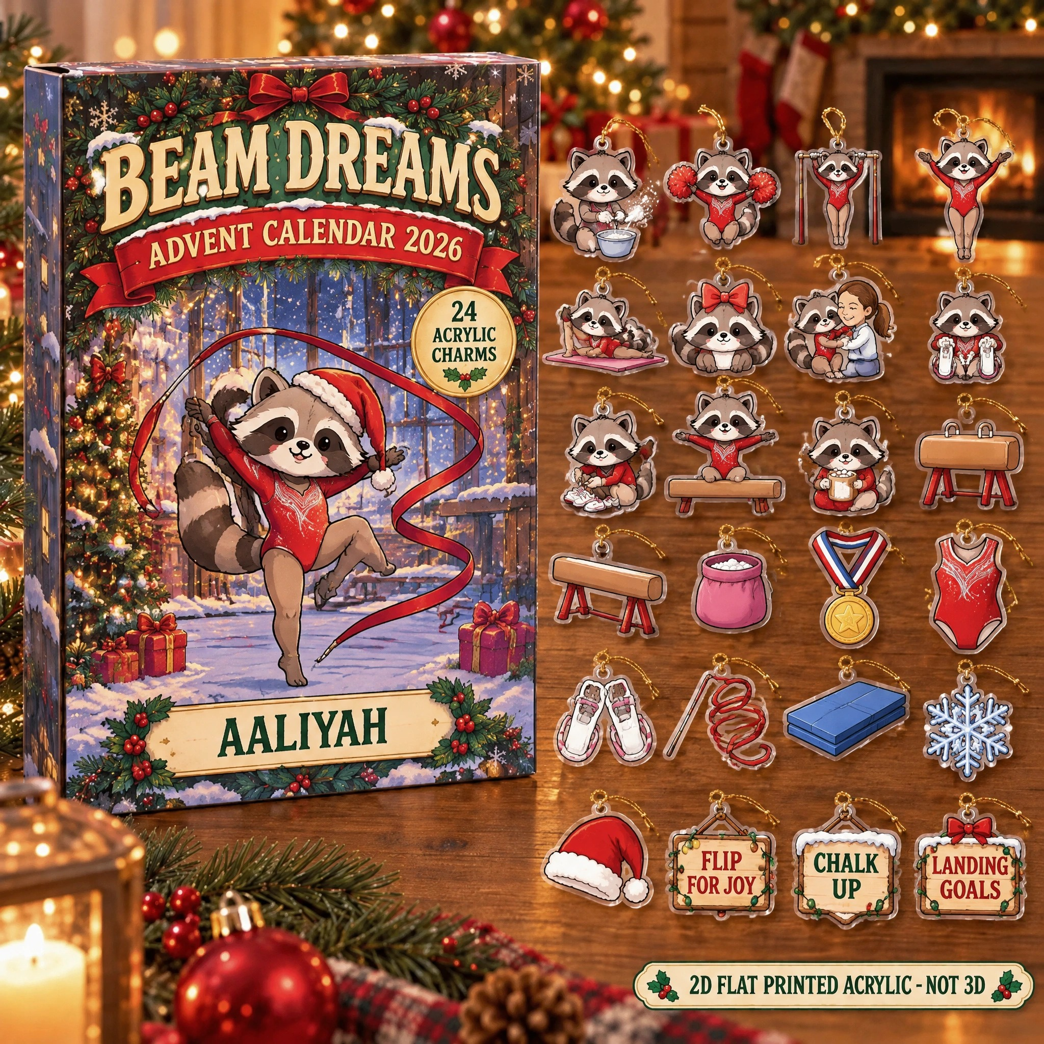 Personalized Gymnastics Raccoon advent calendar box with 24 flat acrylic Christmas charms