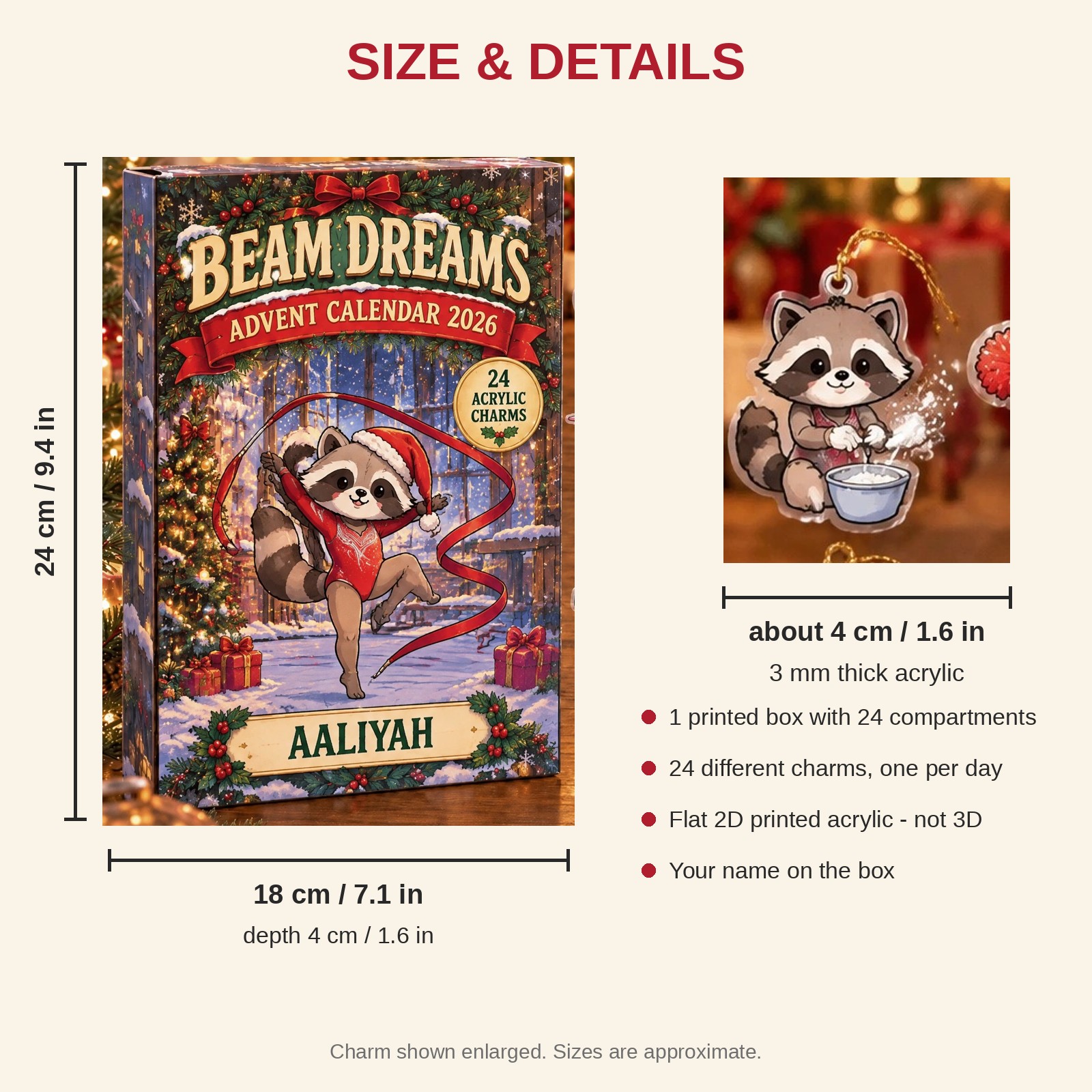 Personalized Gymnastics Raccoon advent calendar box with 24 flat acrylic Christmas charms: box and charm sizes