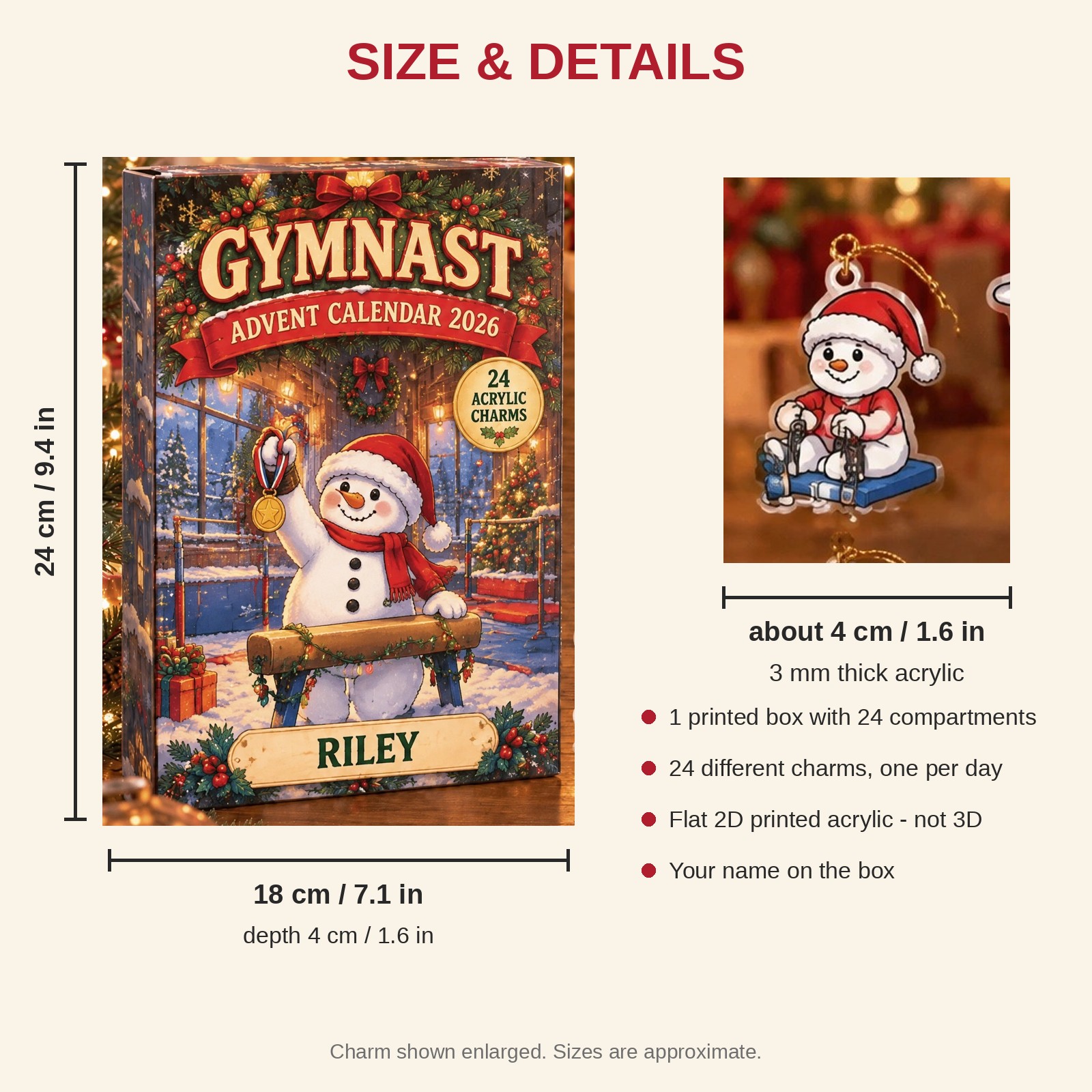Personalized Gymnastics Snowman advent calendar box with 24 flat acrylic Christmas charms: box and charm sizes