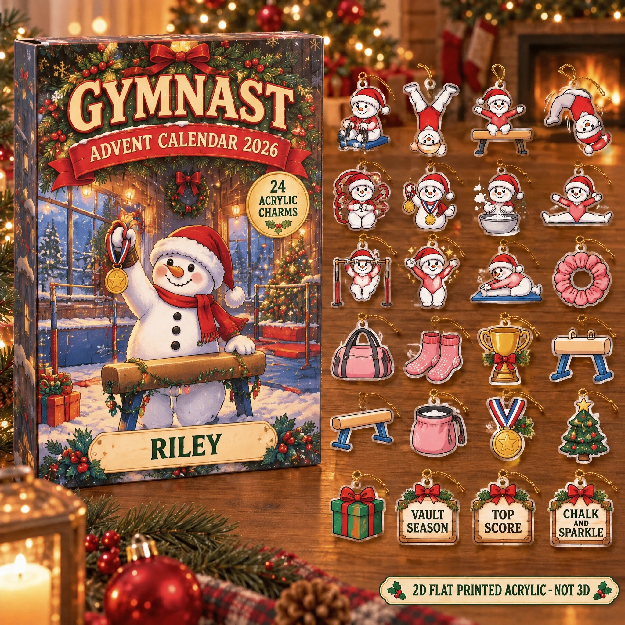 Personalized Gymnastics Snowman advent calendar box with 24 flat acrylic Christmas charms