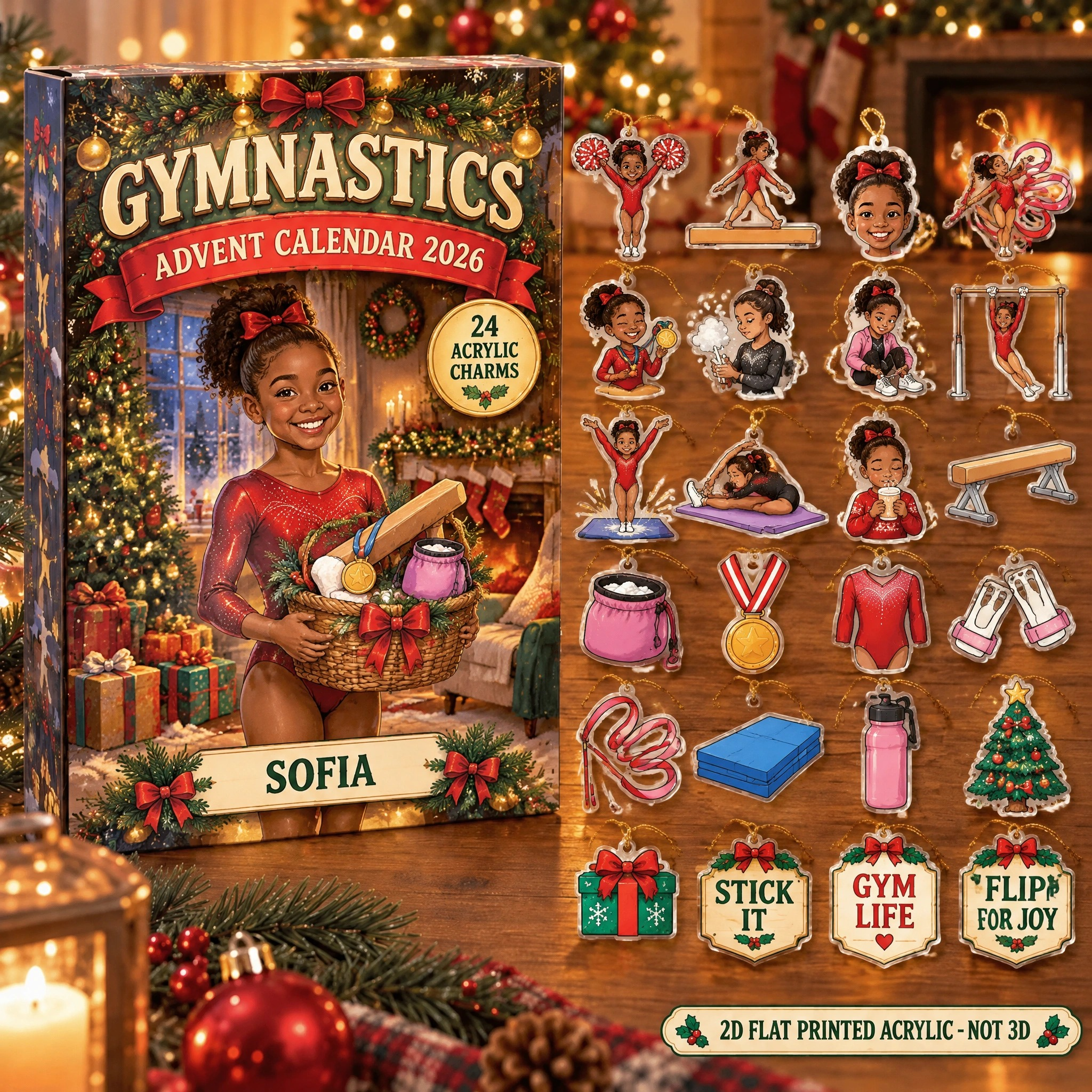 Personalized Gymnastics Survival Kit advent calendar box with 24 flat acrylic Christmas charms