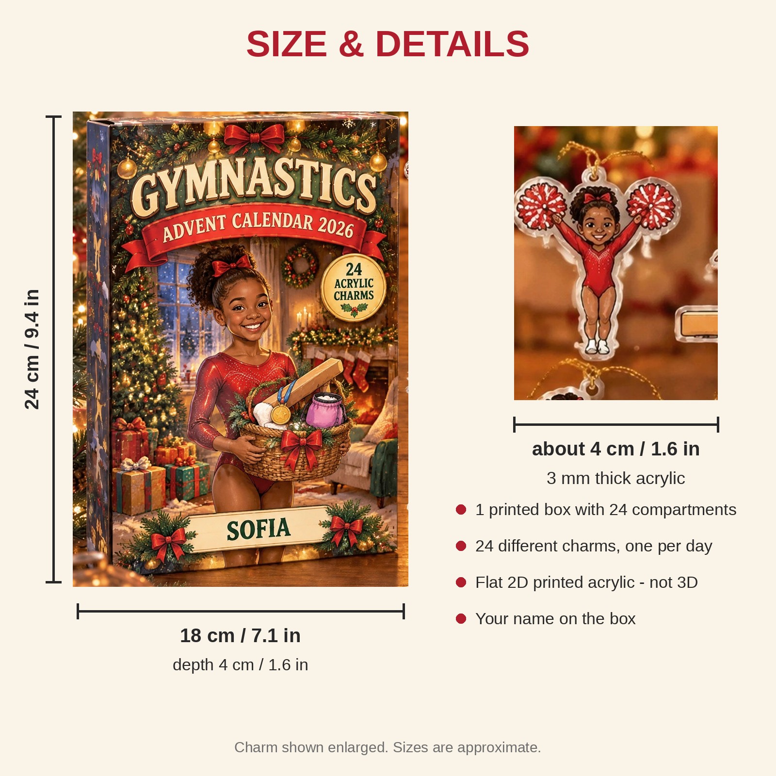 Personalized Gymnastics Survival Kit advent calendar box with 24 flat acrylic Christmas charms: box and charm sizes