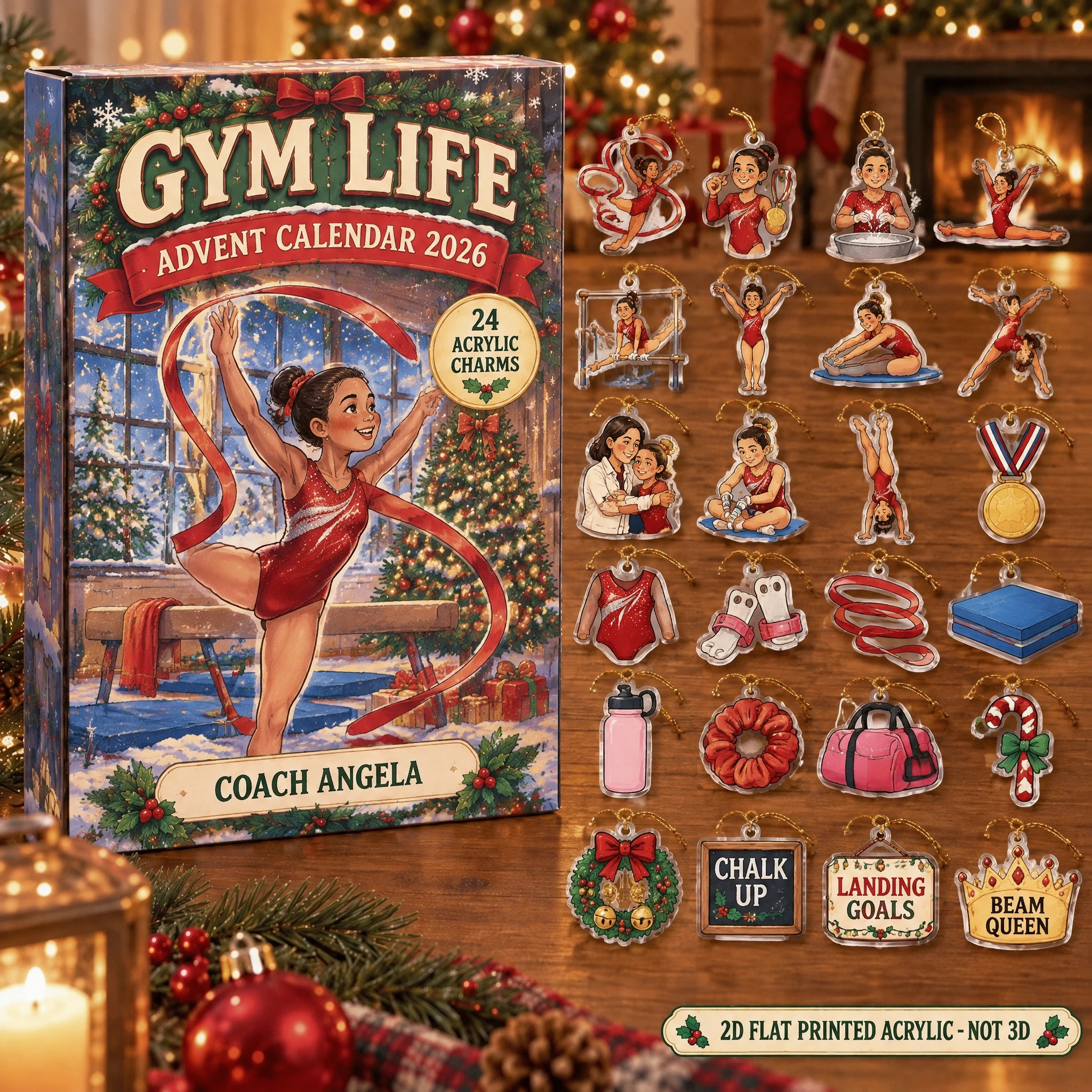 Personalized Gymnastics Vintage Retro advent calendar box with 24 flat acrylic Christmas charms