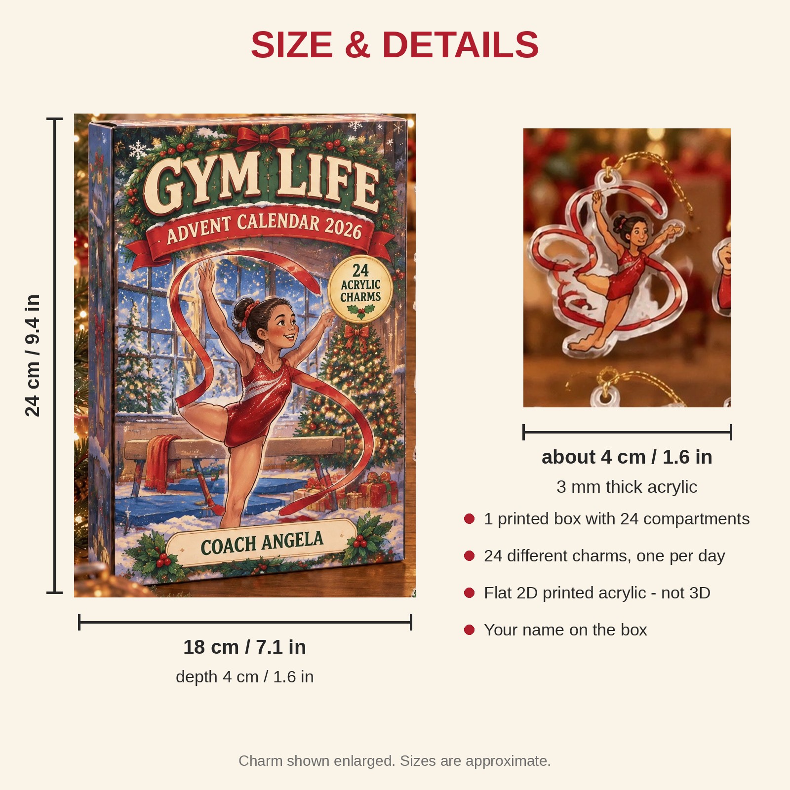 Personalized Gymnastics Vintage Retro advent calendar box with 24 flat acrylic Christmas charms: box and charm sizes