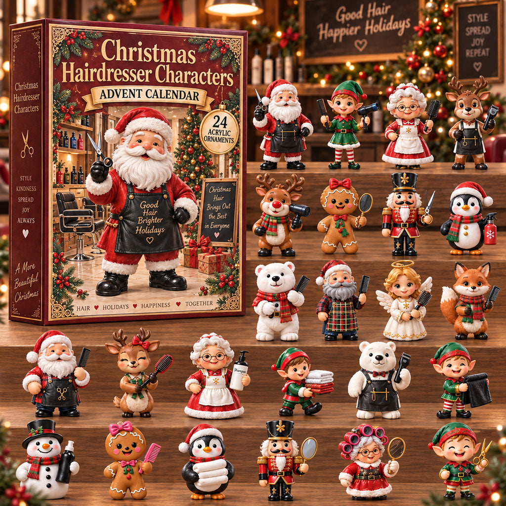 Hairdresser Characters advent calendar box with 24 acrylic Christmas charms