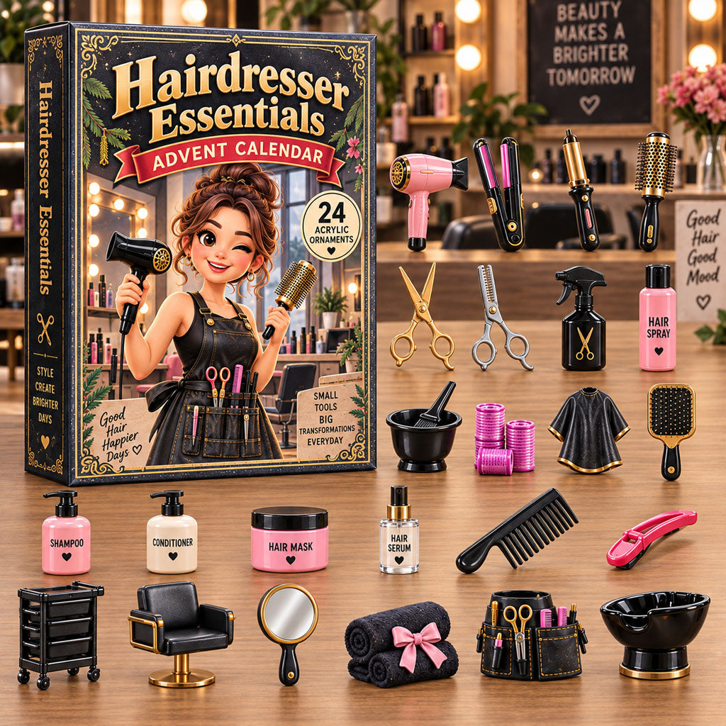 Hairdresser Essentials advent calendar box with 24 acrylic Christmas charms