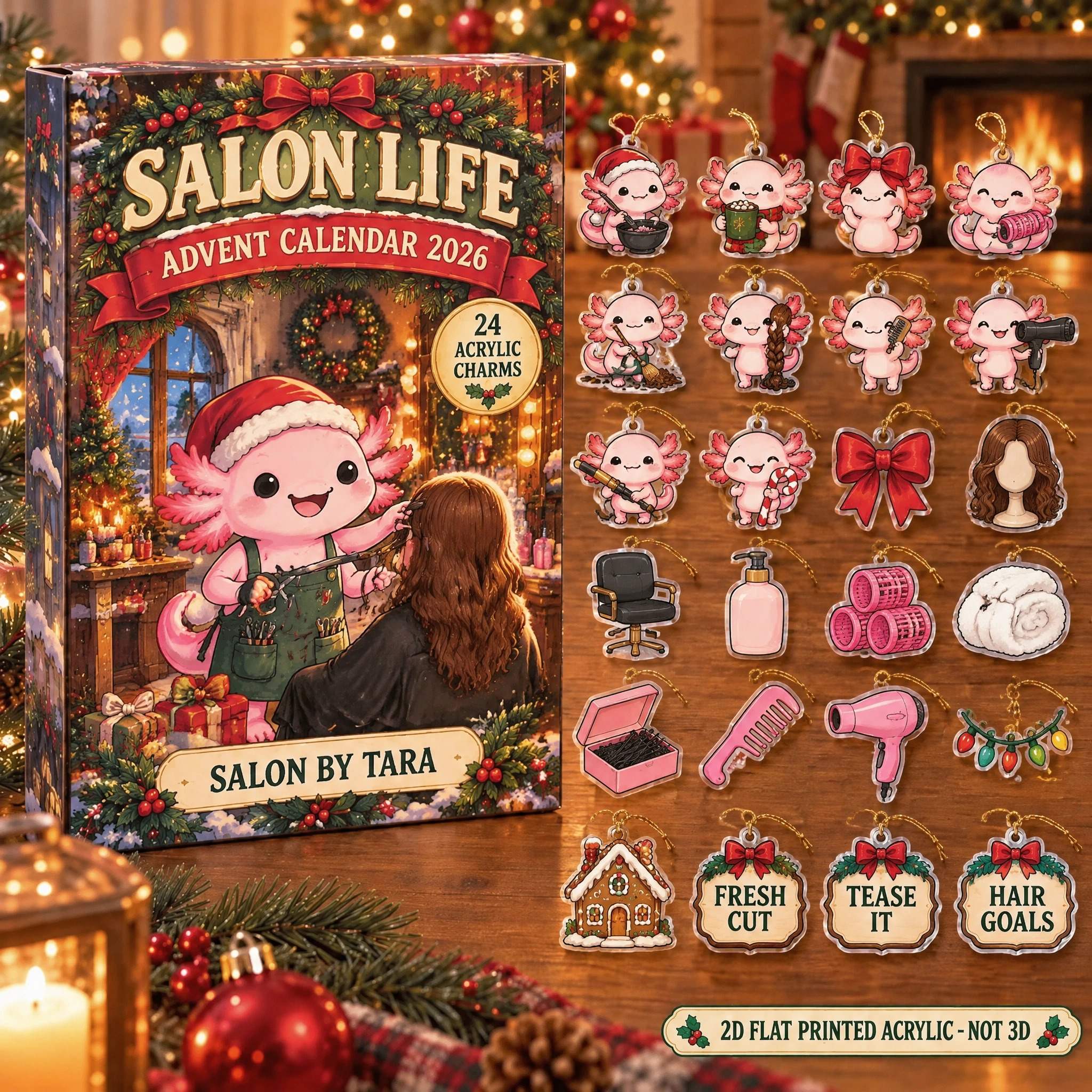 Personalized Hairstylist Axolotl advent calendar box with 24 flat acrylic Christmas charms