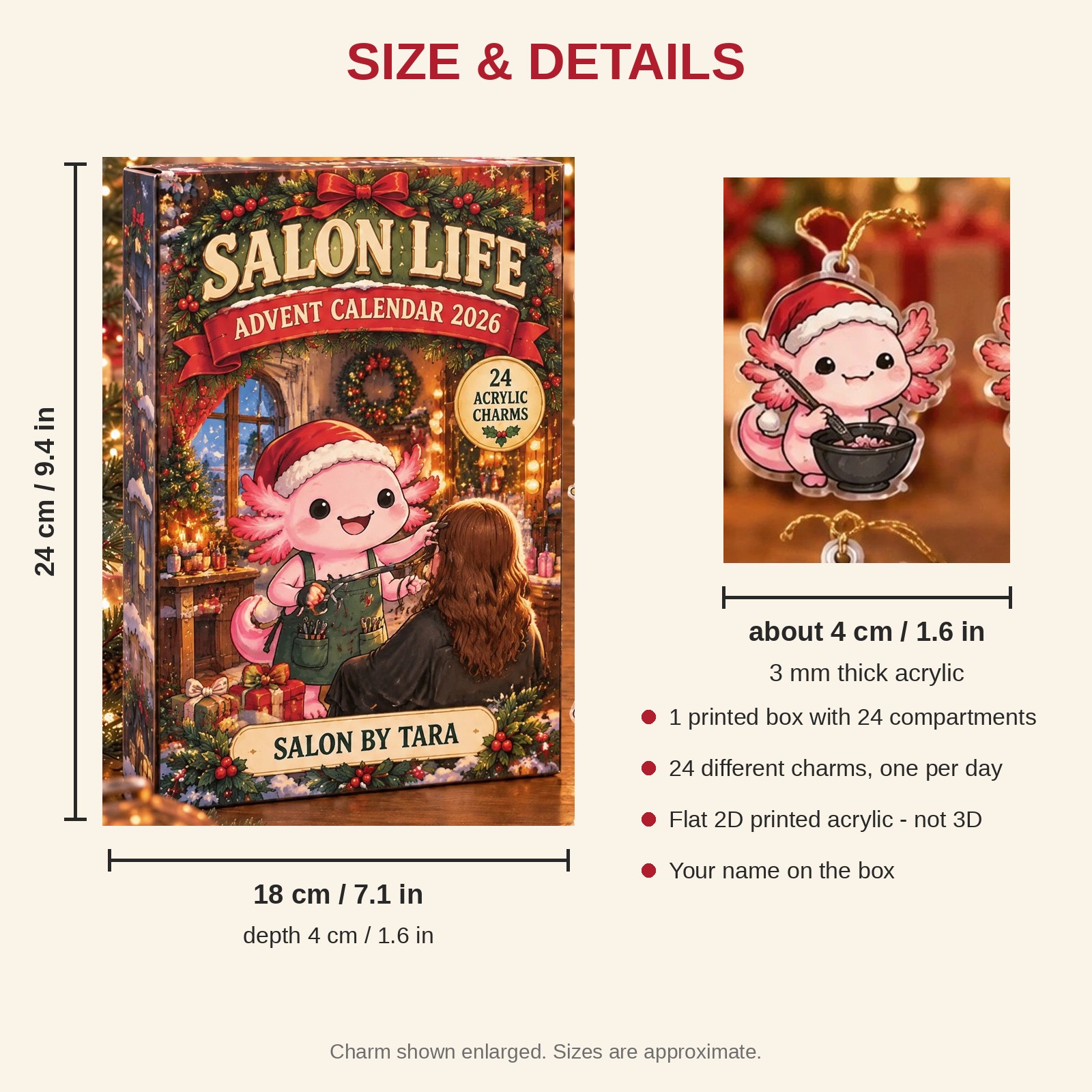 Personalized Hairstylist Axolotl advent calendar box with 24 flat acrylic Christmas charms: box and charm sizes