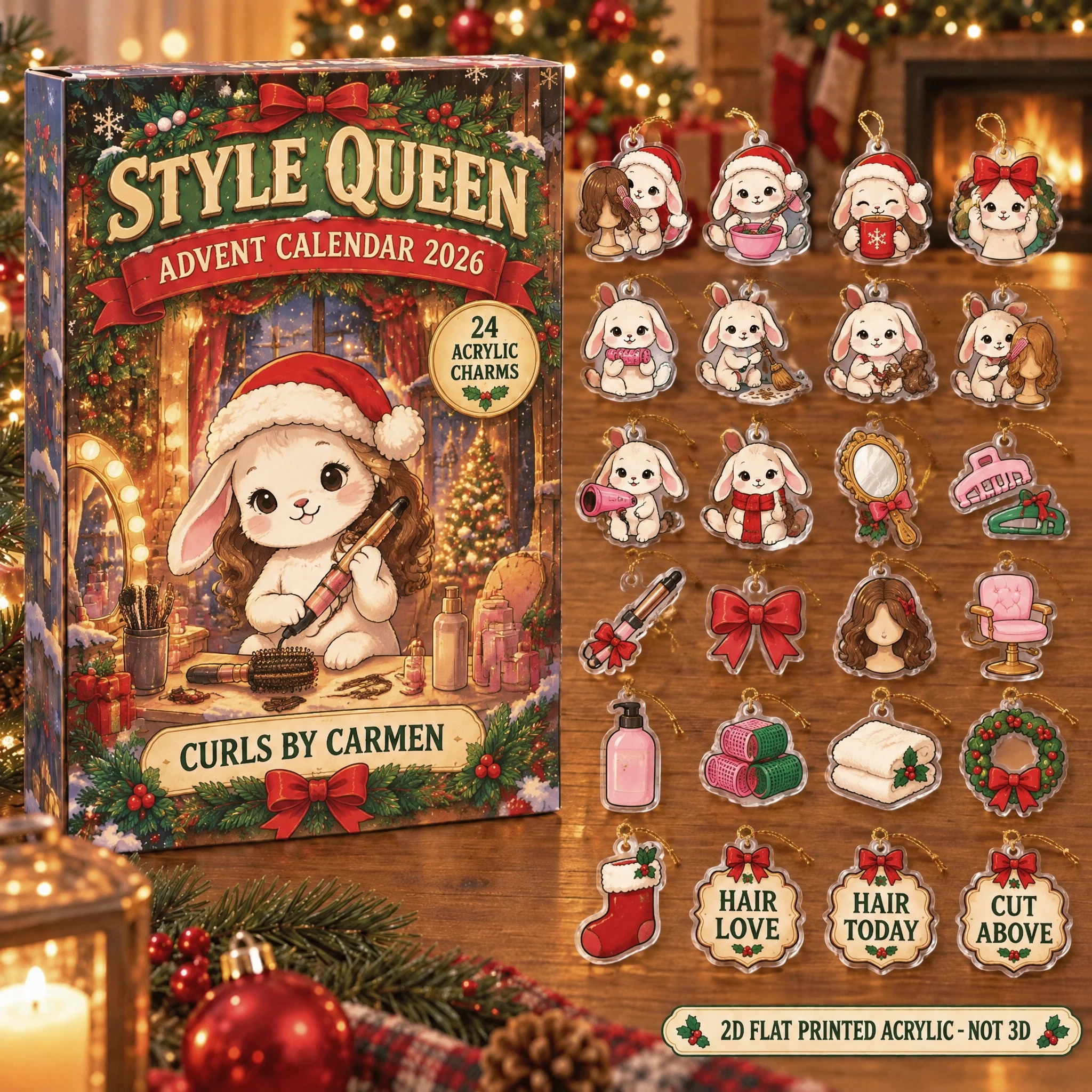 Personalized Hairstylist Bunny advent calendar box with 24 flat acrylic Christmas charms