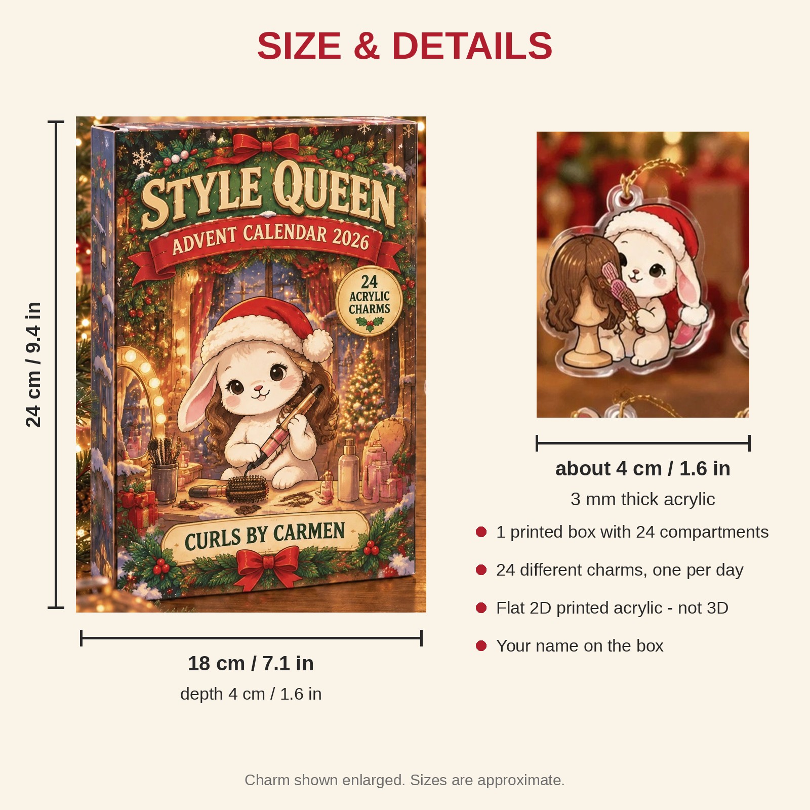 Personalized Hairstylist Bunny advent calendar box with 24 flat acrylic Christmas charms: box and charm sizes