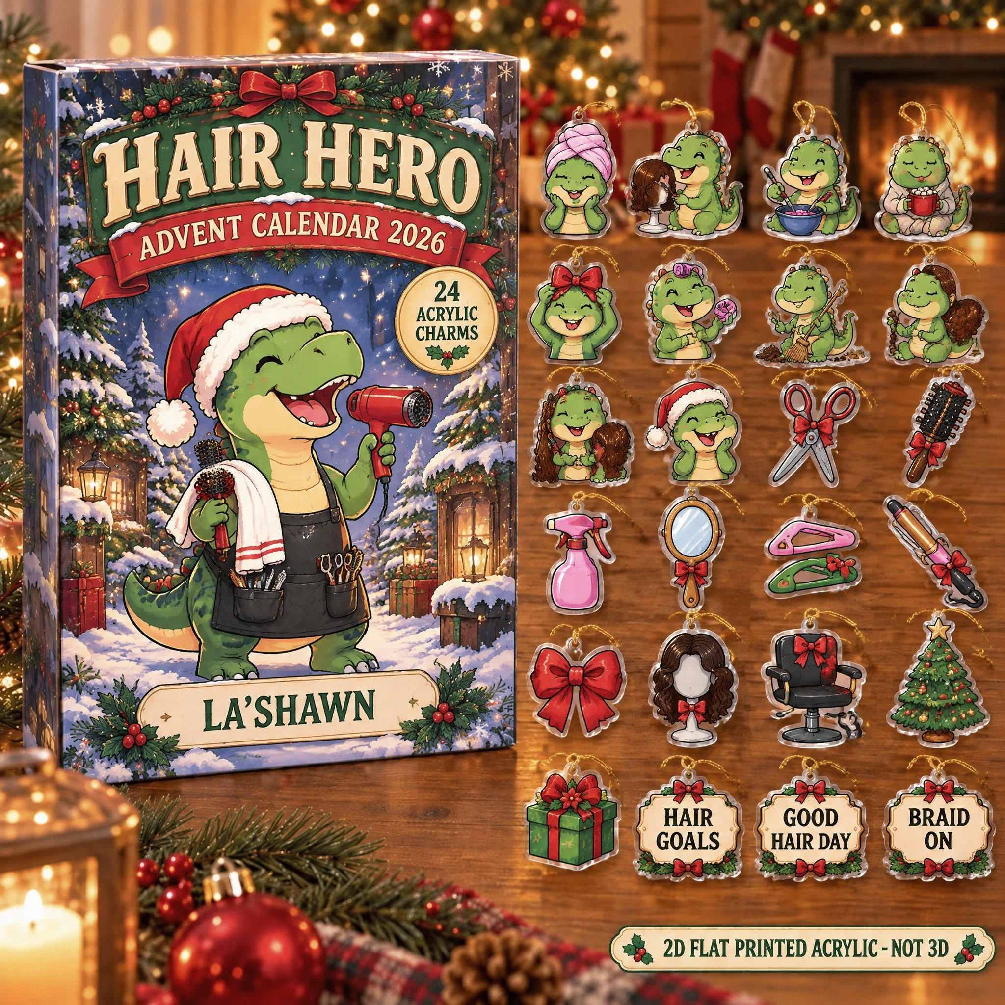 Personalized Hairstylist Dinosaur advent calendar box with 24 flat acrylic Christmas charms