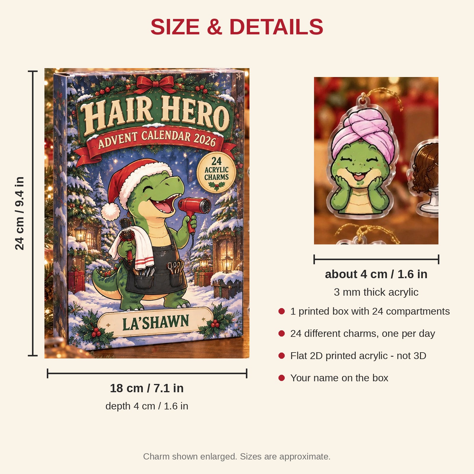 Personalized Hairstylist Dinosaur advent calendar box with 24 flat acrylic Christmas charms: box and charm sizes