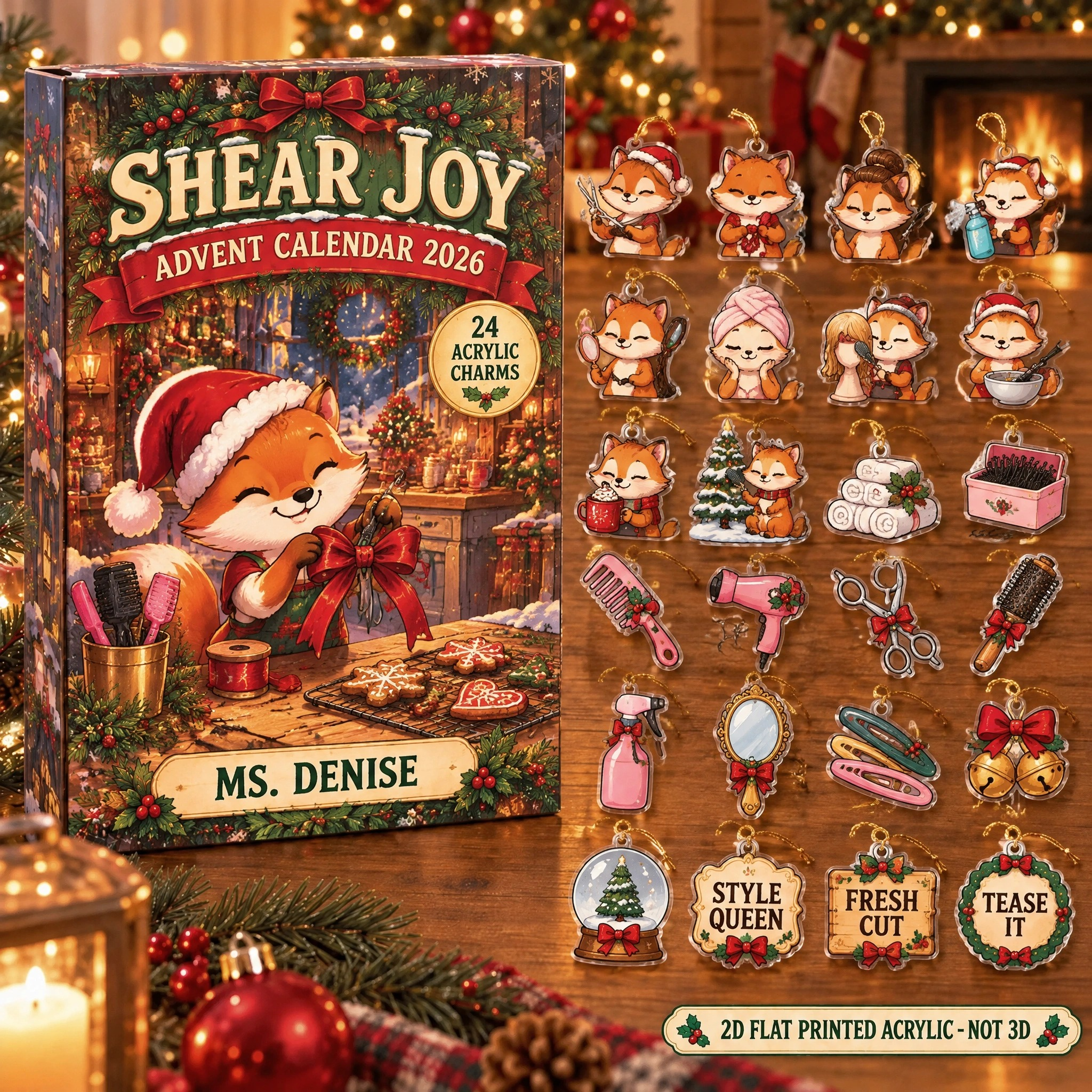 Personalized Hairstylist Fox advent calendar box with 24 flat acrylic Christmas charms