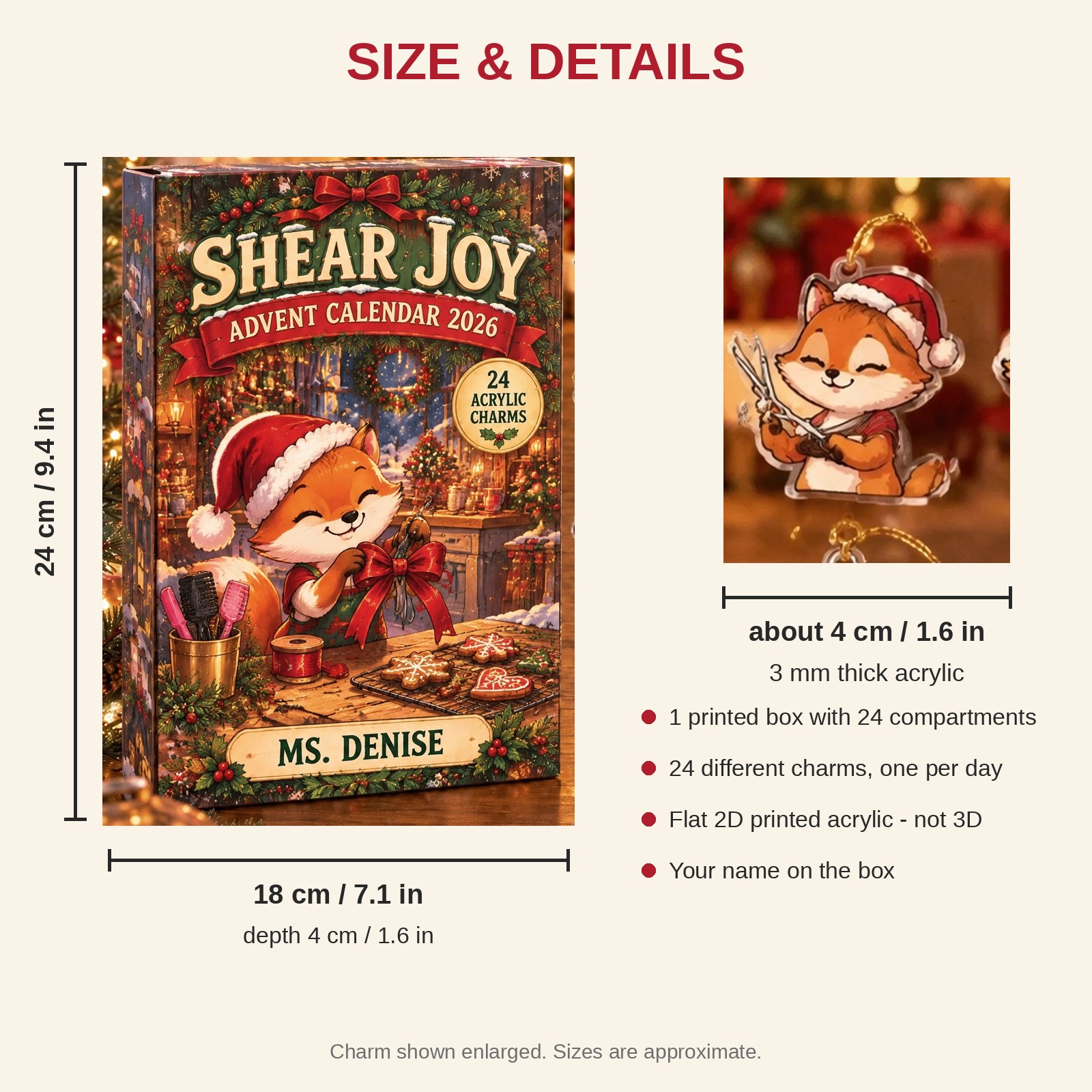 Personalized Hairstylist Fox advent calendar box with 24 flat acrylic Christmas charms: box and charm sizes