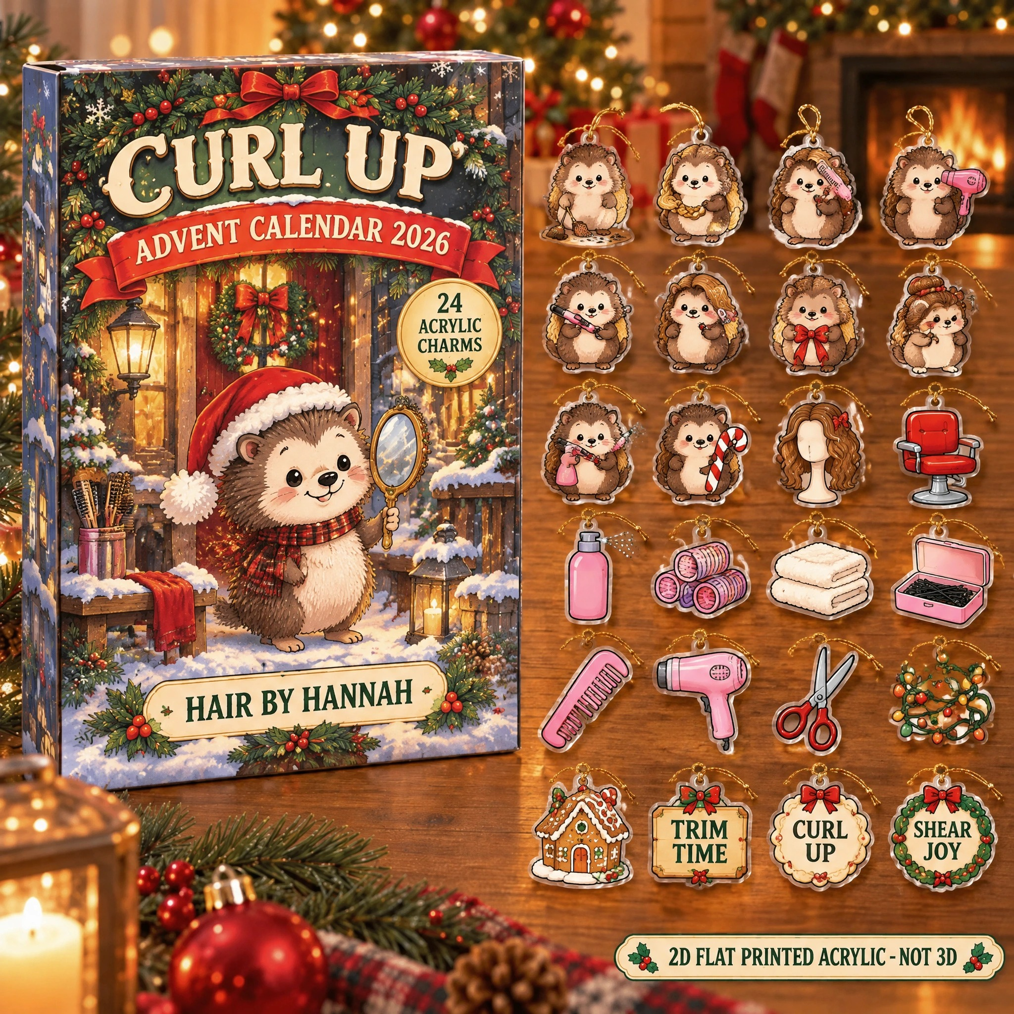 Personalized Hairstylist Hedgehog advent calendar box with 24 flat acrylic Christmas charms