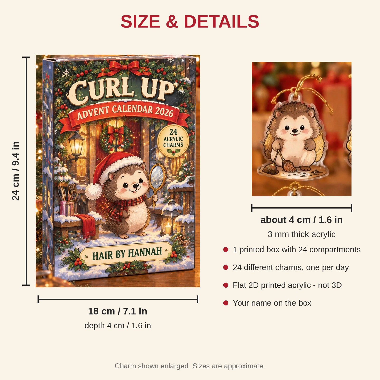 Personalized Hairstylist Hedgehog advent calendar box with 24 flat acrylic Christmas charms: box and charm sizes