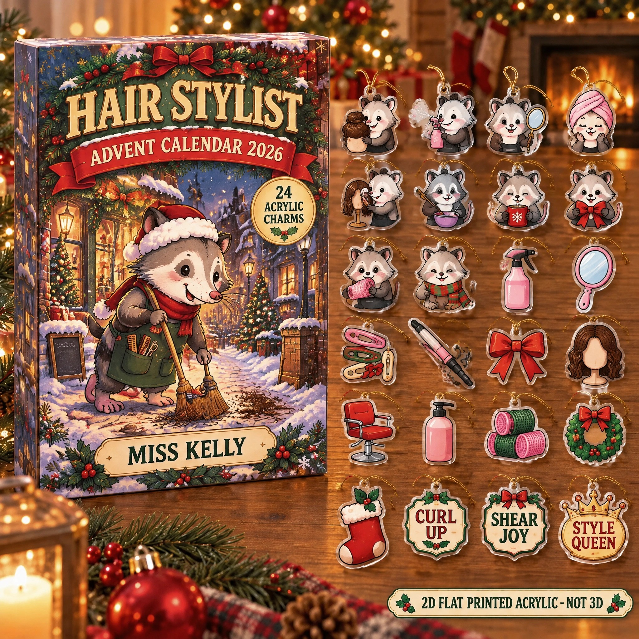 Personalized Hairstylist Opossum advent calendar box with 24 flat acrylic Christmas charms