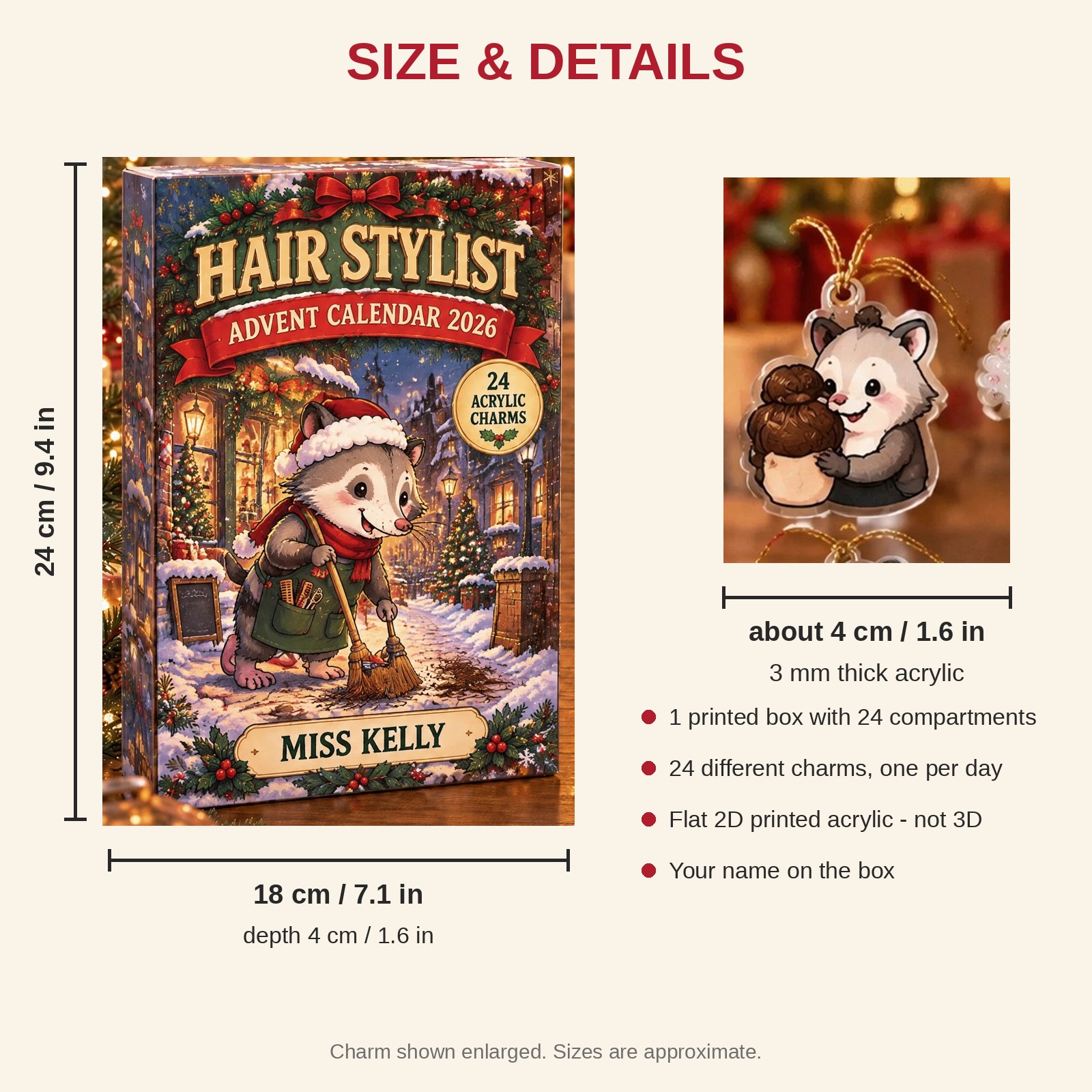 Personalized Hairstylist Opossum advent calendar box with 24 flat acrylic Christmas charms: box and charm sizes
