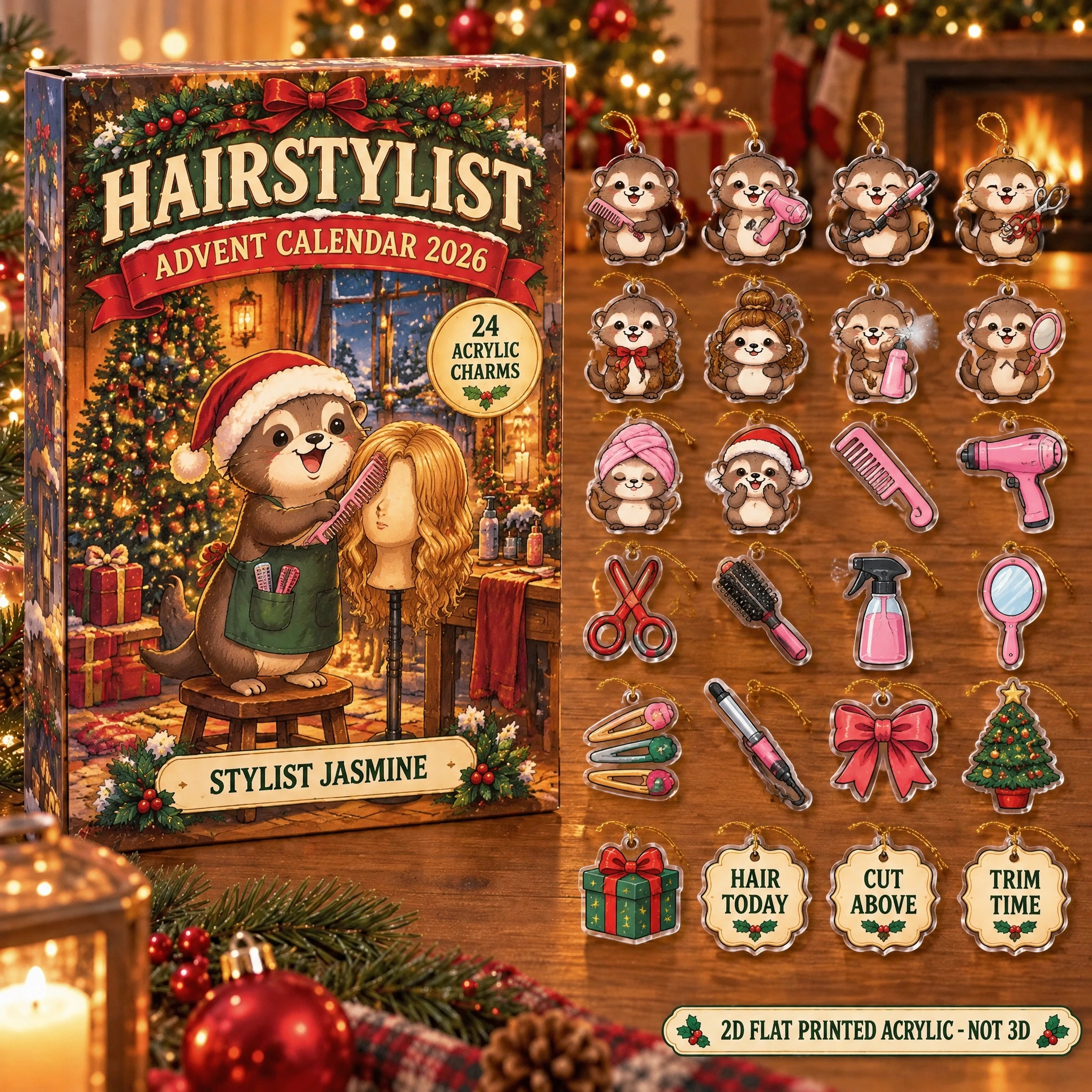 Personalized Hairstylist Otter advent calendar box with 24 flat acrylic Christmas charms