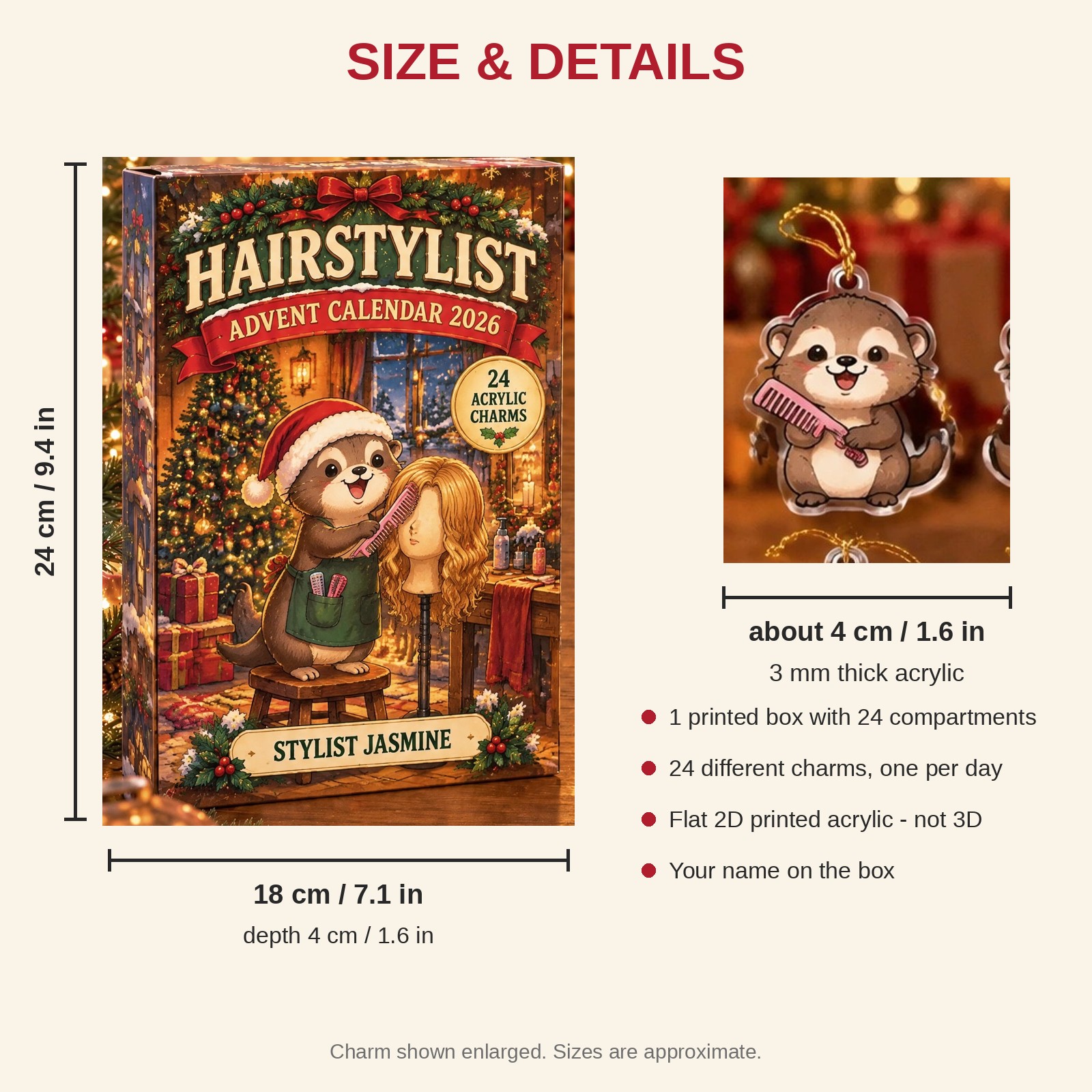 Personalized Hairstylist Otter advent calendar box with 24 flat acrylic Christmas charms: box and charm sizes