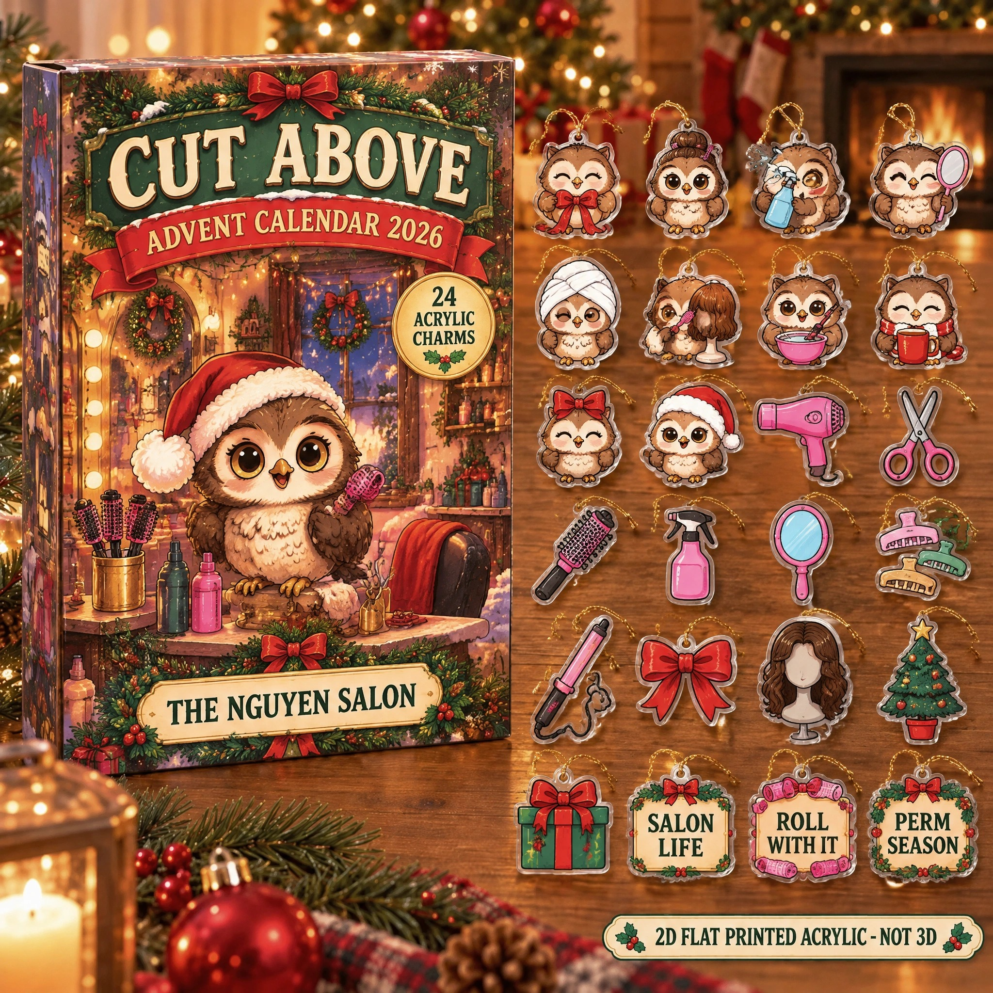 Personalized Hairstylist Owl advent calendar box with 24 flat acrylic Christmas charms
