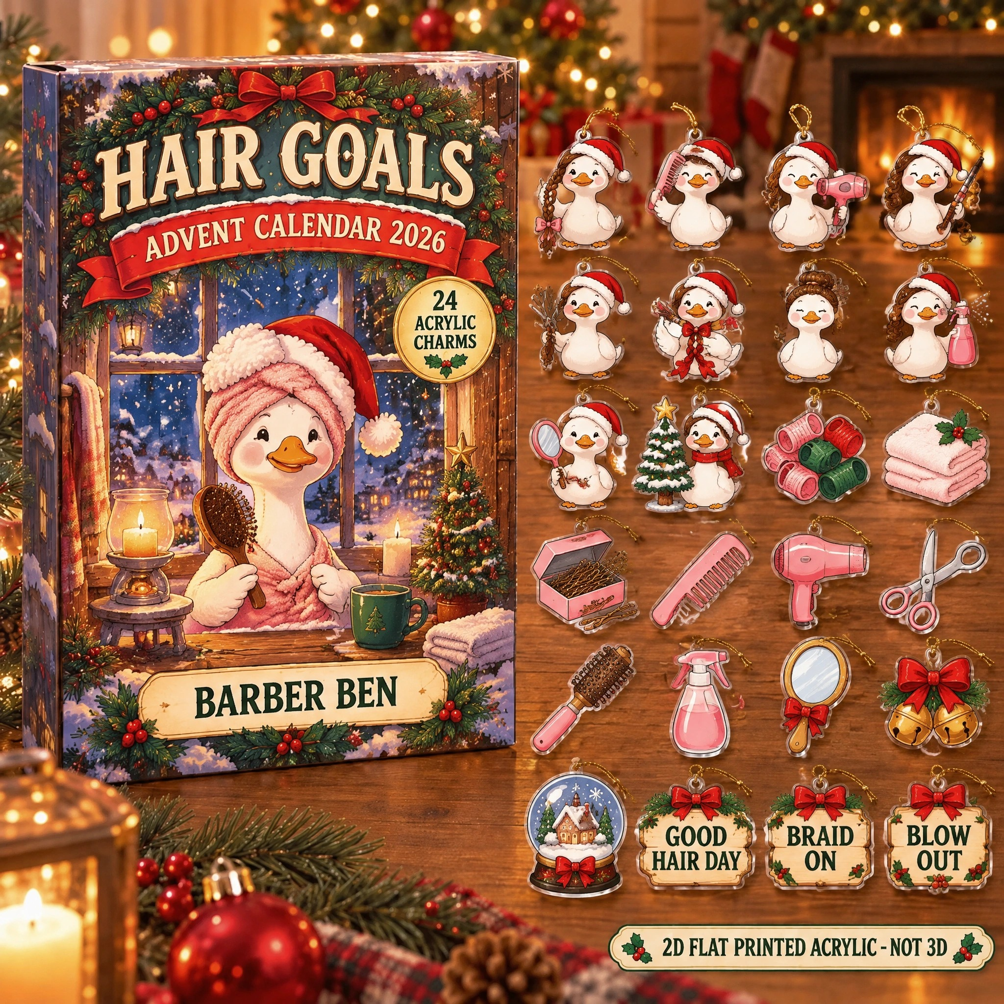 Personalized Hairstylist Silly Goose advent calendar box with 24 flat acrylic Christmas charms